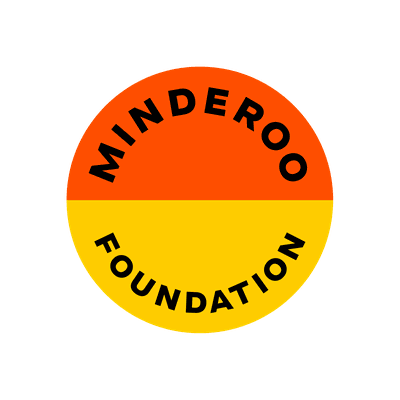 Circular logo with red and yellow background, displaying it is for the Minderoo Foundation.