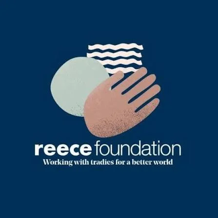 Logo of Reece Foundation with abstract shapes and waves, and text 'Reece Foundation Working with tradies for a better world'.