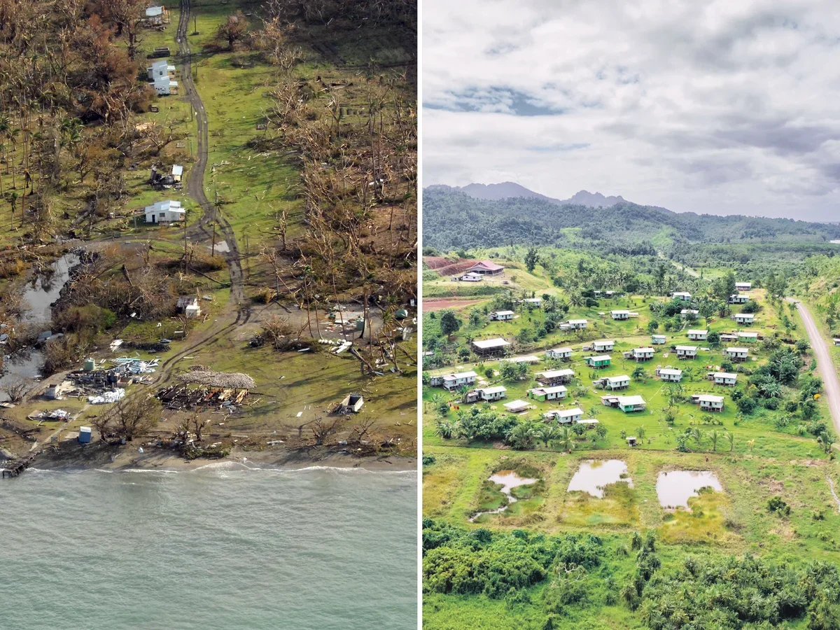 Comparison of two aerial views of a rural area. The left side shows damage from a natural disaster, including destroyed buildings, fallen trees, and debris near the water. The right side shows a well-maintained village with small houses, green landscape, and a scenic mountainous backdrop.
