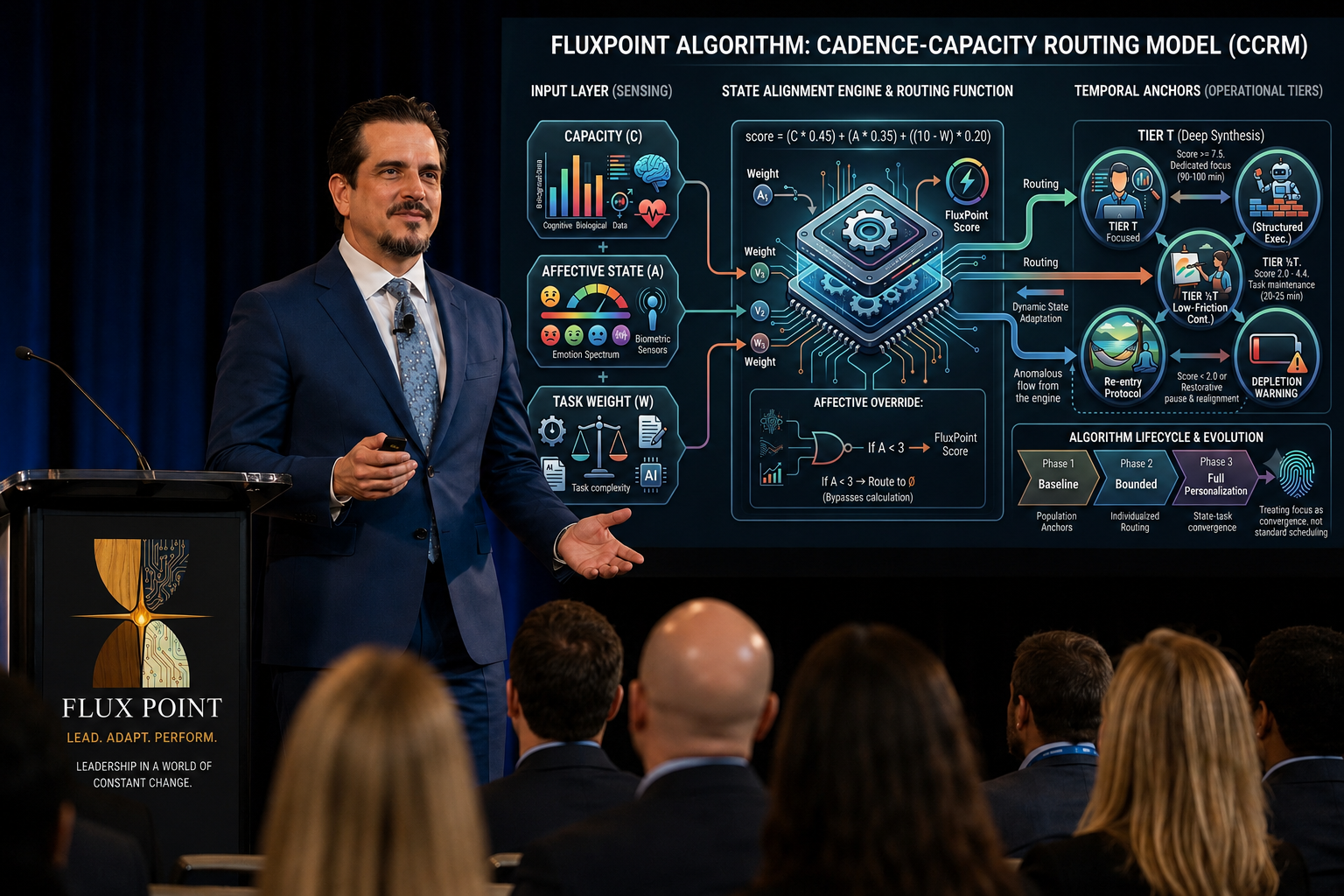 A man in a blue suit is giving a presentation on a large screen about the Fluxpoint algorithm, which includes charts, icons, and text related to the model's components and workflow, while an audience listens.