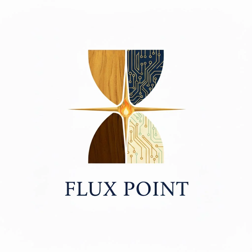 A logo for Flux Point featuring four shields with different textures and colors arranged in a cross pattern with a flame in the center and the words 'Flux Point' beneath.