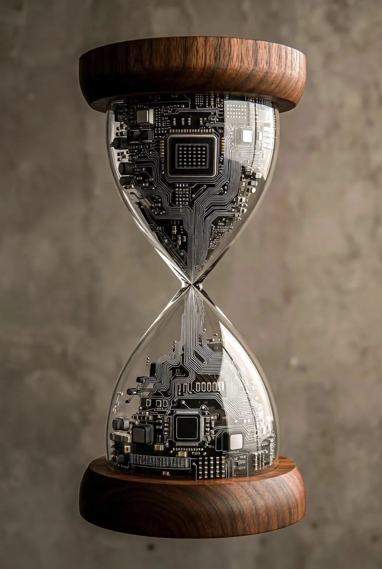 An hourglass with a circuit board inside, resting on wooden ends.