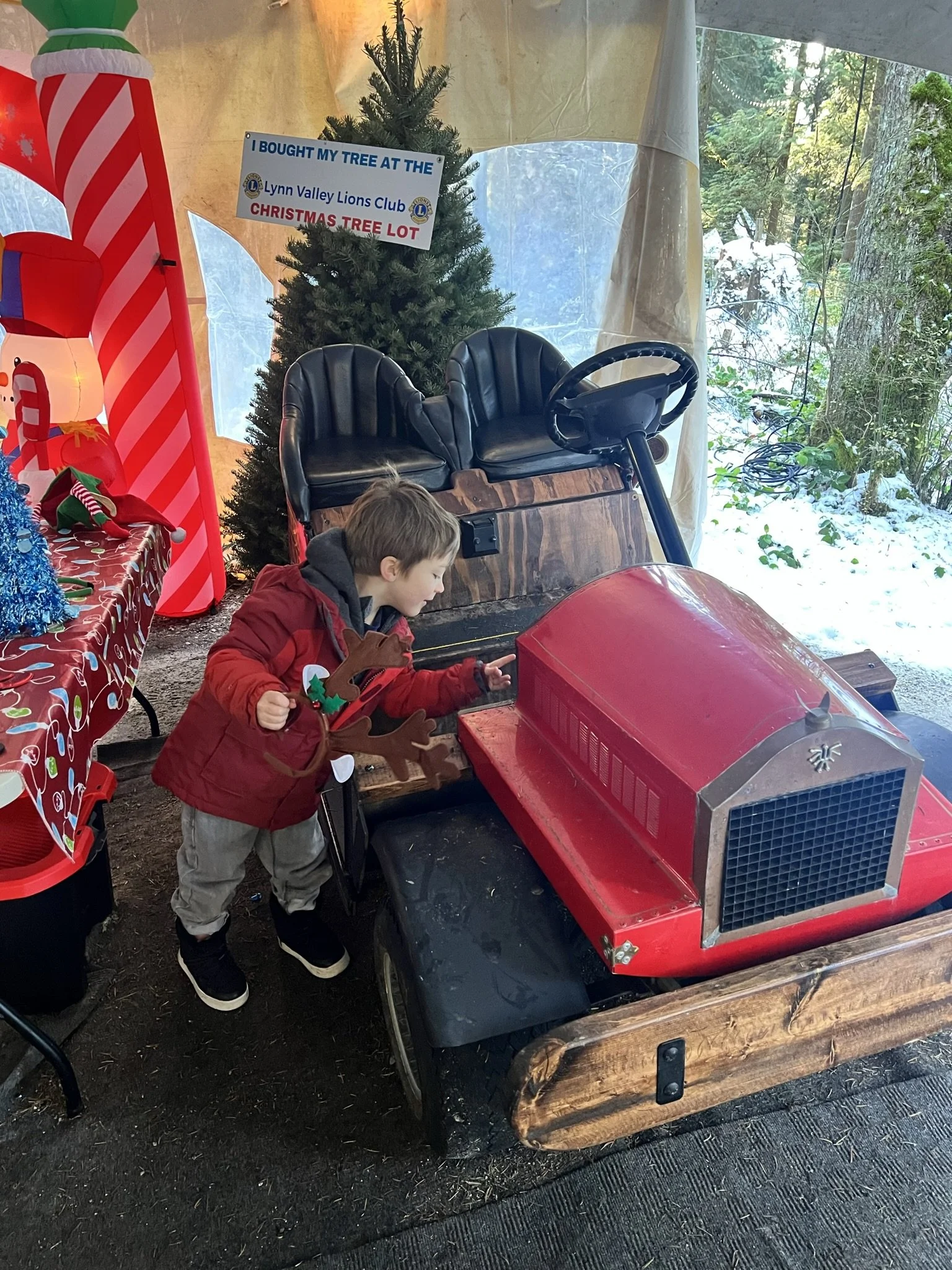 Boy at little car with tree behind.JPEG