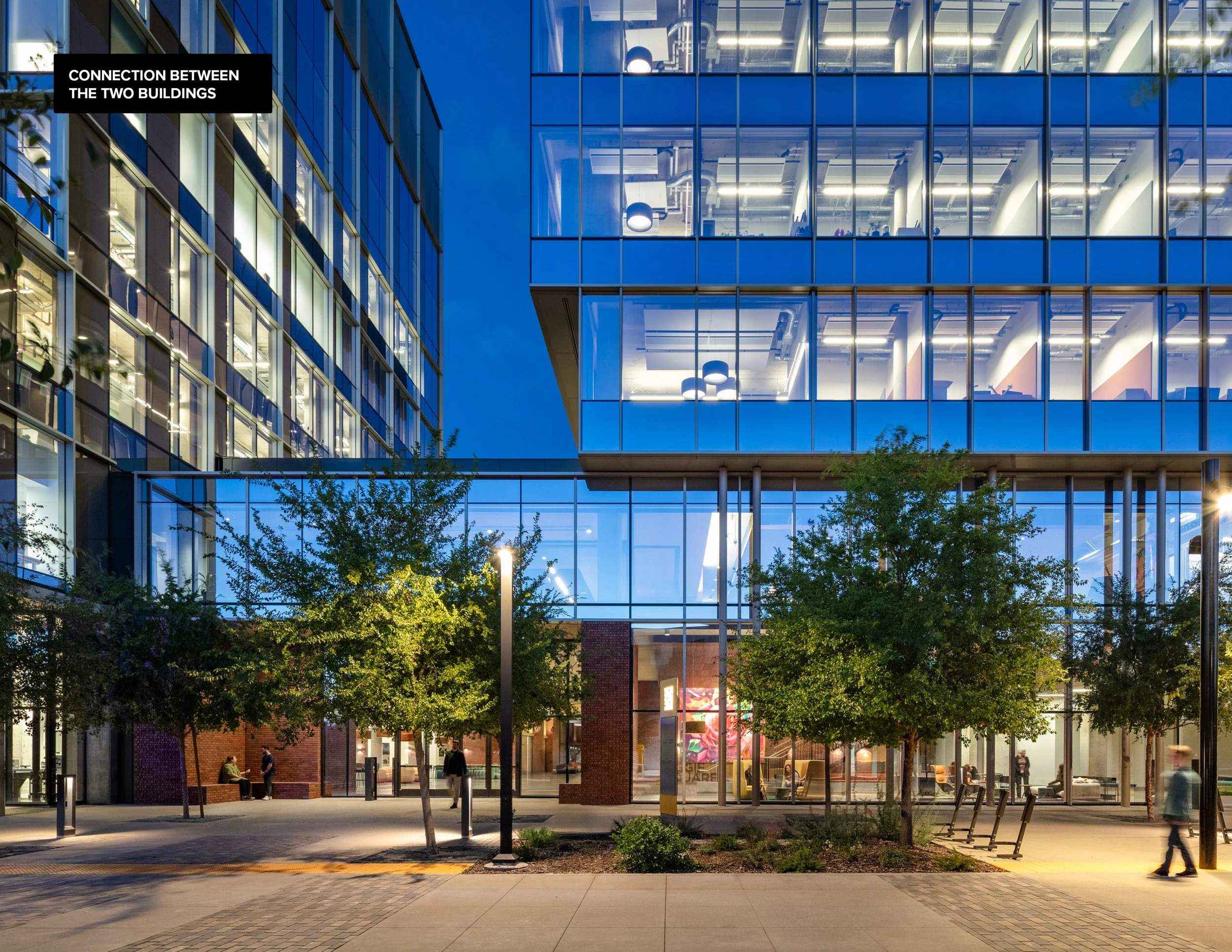 Modern, circular building with a glass facade, illuminated from inside, on a city street with trees and streetlights at dusk.