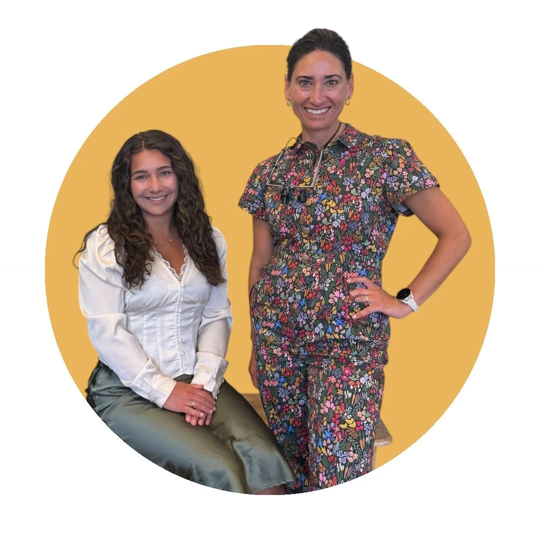 Samish Bay Dental's dentist and founder, Dr. Jessica Dubek, stands next to the practice's office manager, Mallory, against a yellow circular background.