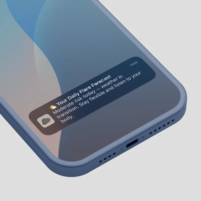 Smartphone screen displaying a weather alert notification titled 'Your Daily Flare Forecast.' The notification advises moderate risk weather transition, and encourages staying flexible and listening to your body.