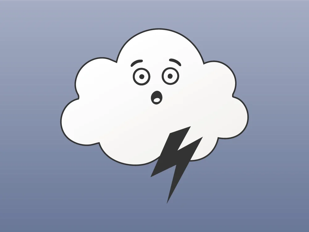 A cartoon cloud with a surprised facial expression and a lightning bolt underneath.