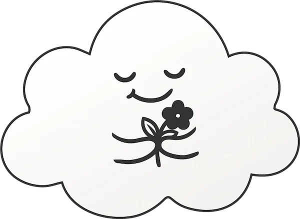A cute, smiling cloud holding a small flower with closed eyes.