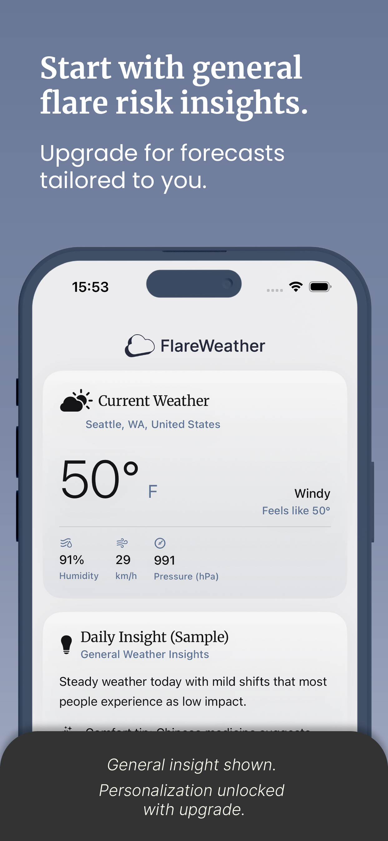 A smartphone displaying a weather app with the current weather in Seattle, Washington, showing 50 degrees Fahrenheit, windy, 91% humidity, 29 km/h wind, and 991 hPa pressure. The app offers general weather insights and personalized forecasts.