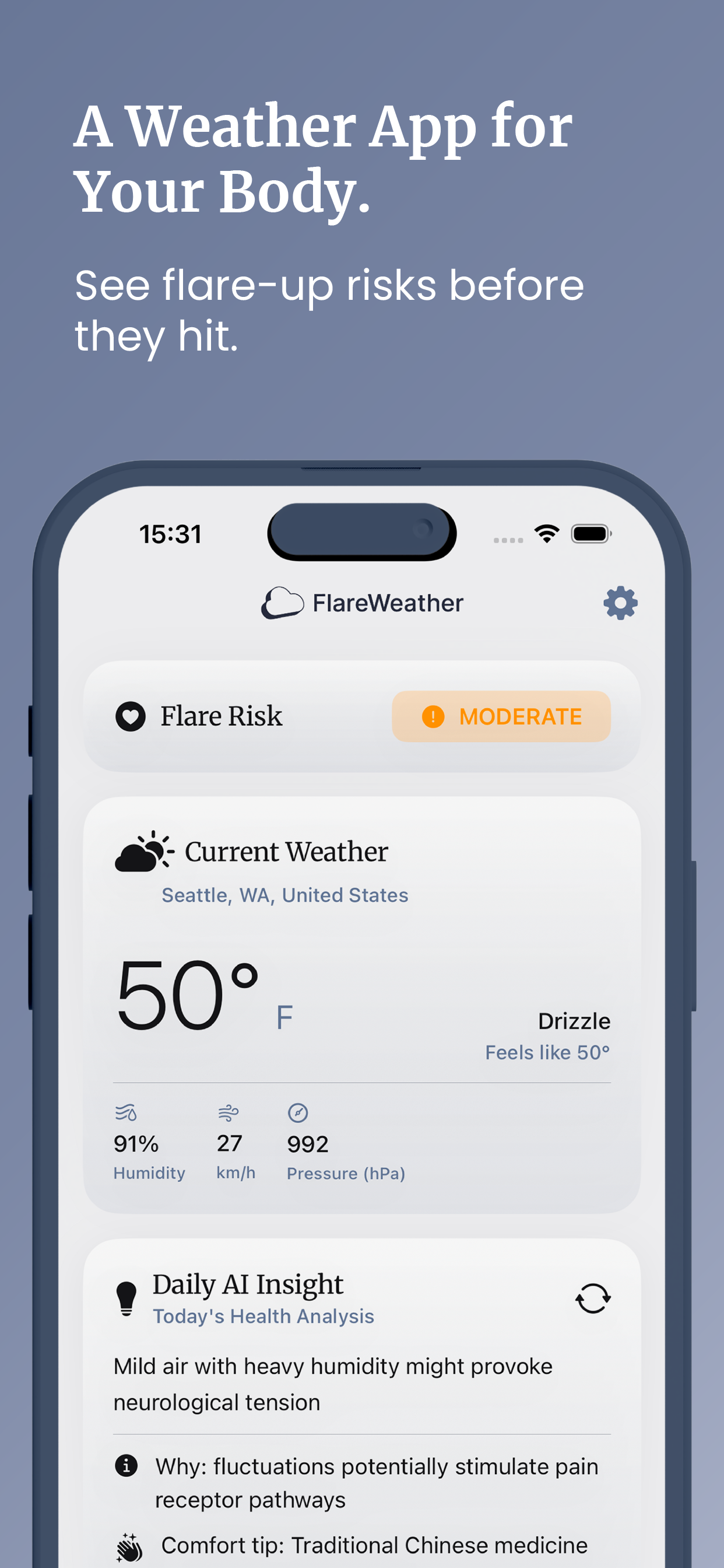 A screenshot of a weather app showing current weather in Seattle, WA, with a temperature of 50°F, humidity of 91%, wind speed of 27 km/h, and pressure of 992 hPa. The app also indicates a moderate flare risk, and provides health insights and tips.