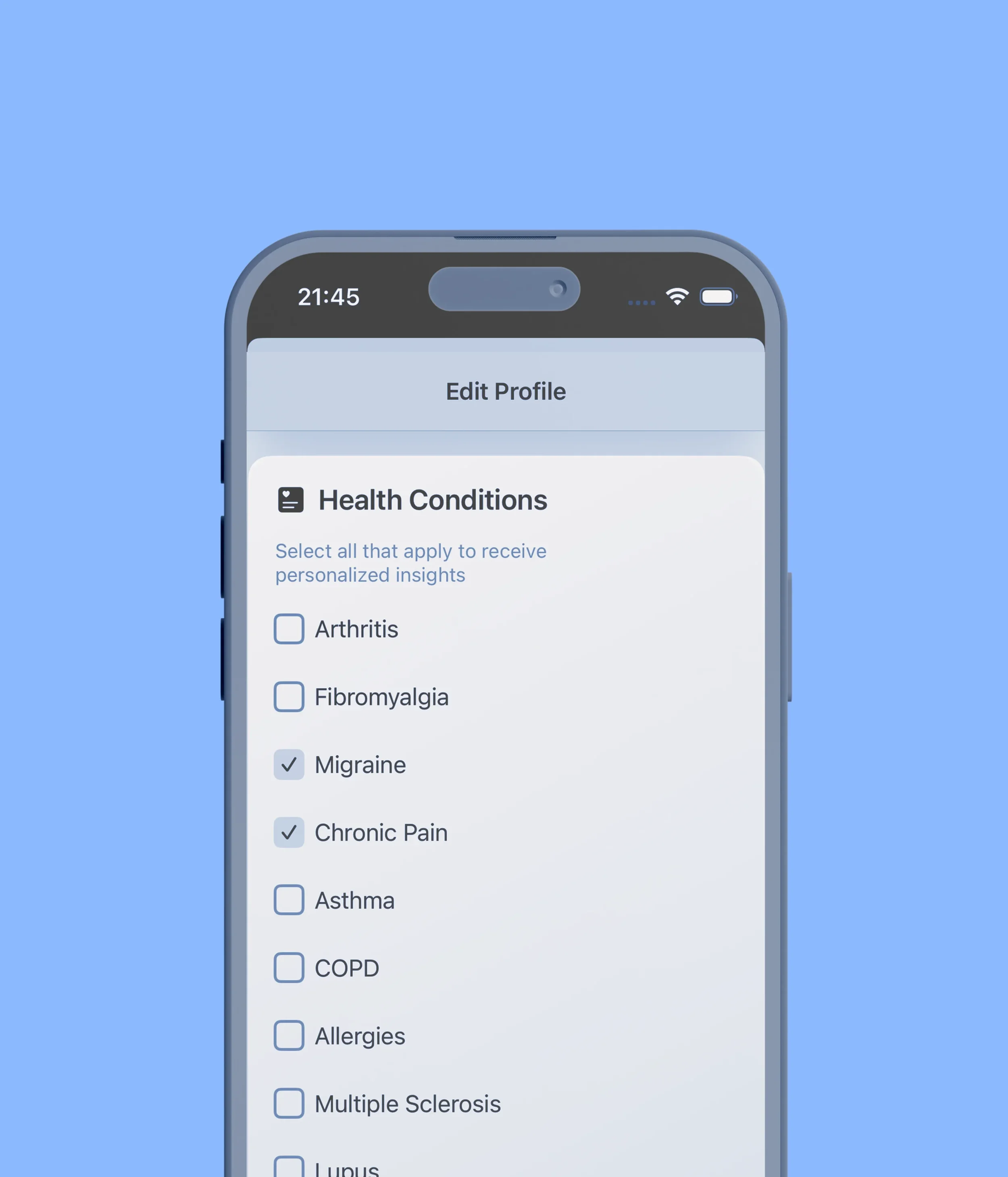 Smartphone screen displaying a health app's 'Edit Profile' page with checkboxes for selecting health conditions, including migraine and chronic pain.
