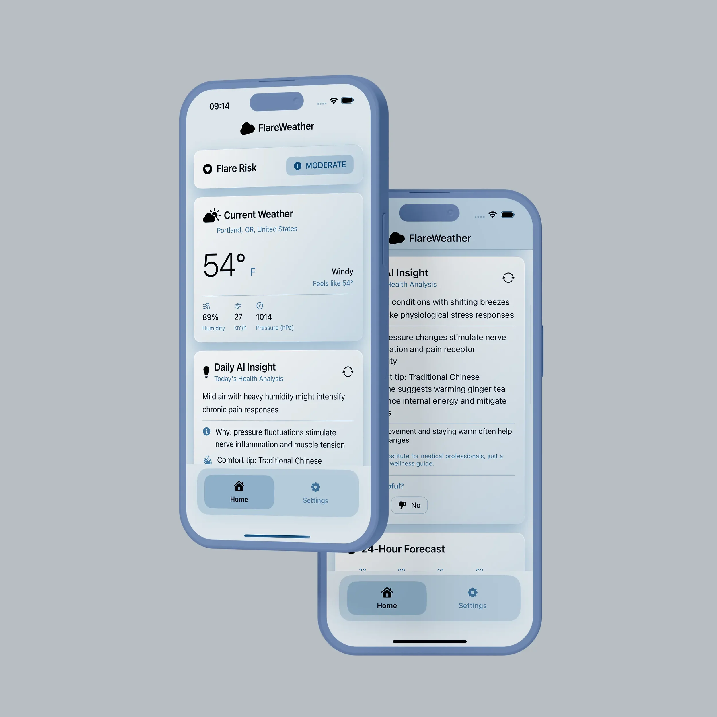 Two smartphones displaying the FlareWeather app with weather details, air quality analysis, and health insights.