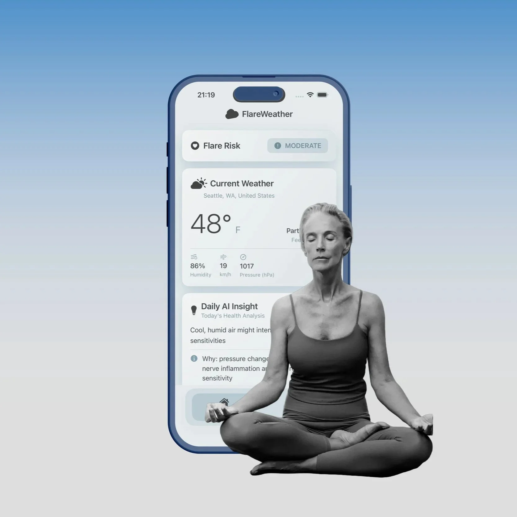 A grayscale woman meditating in a lotus pose in front of a smartphone screen displaying a weather app with current weather in Seattle, Washington, with temperature 48°F, humidity 86%, wind speed 19 km/h, and pressure 1017 hPa.