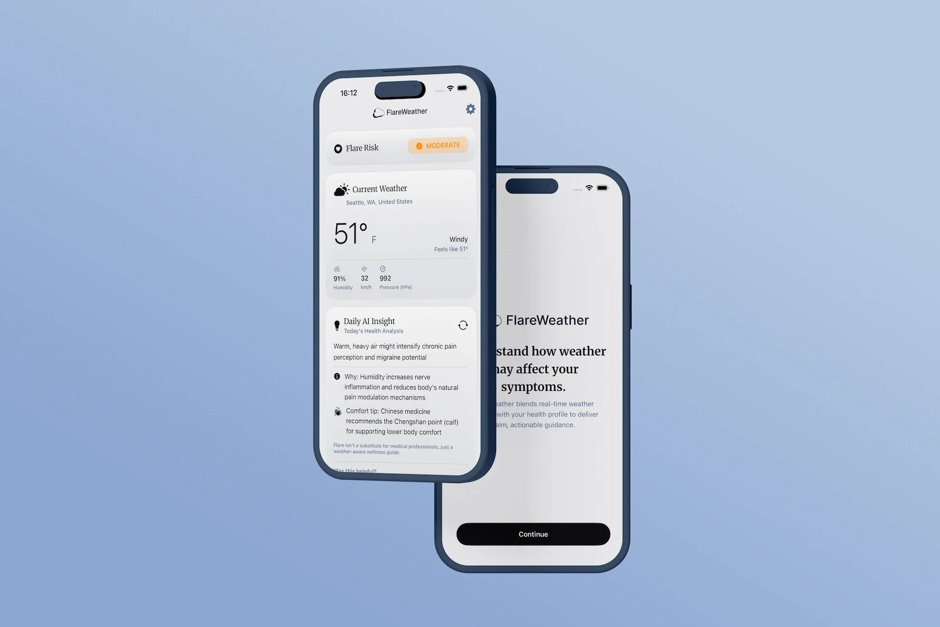 Two smartphones displaying weather apps on a light blue background.