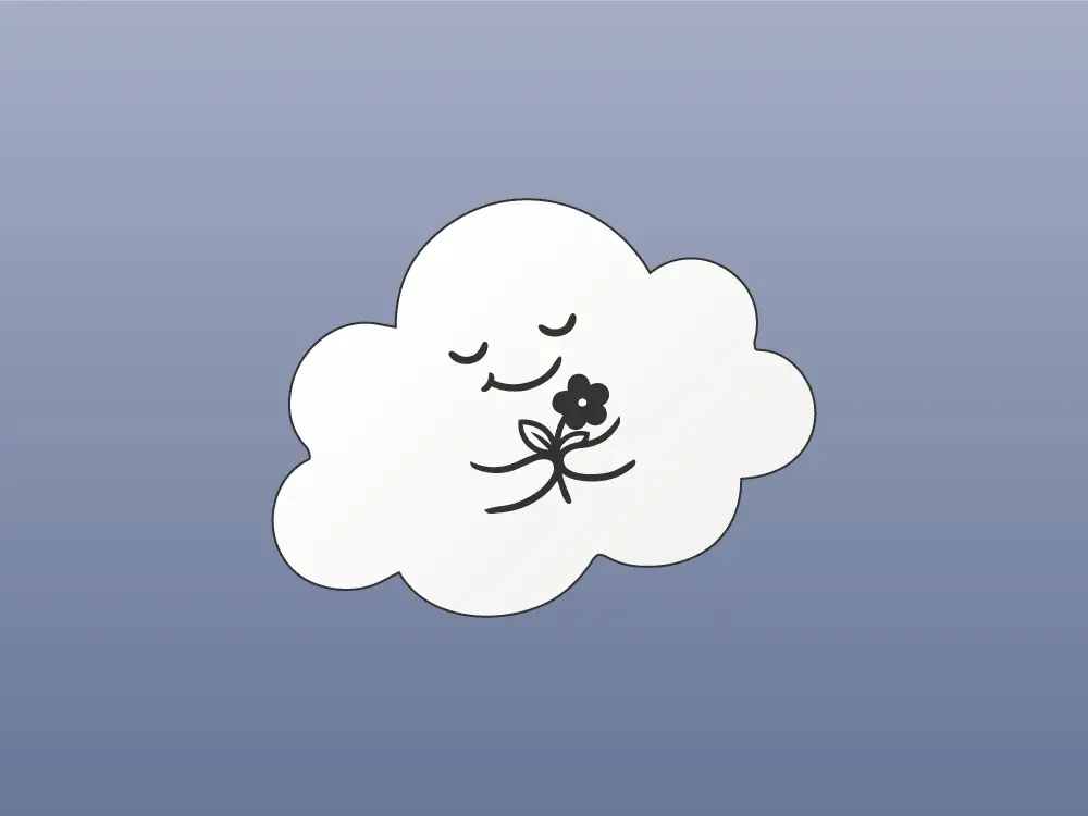 A cartoon cloud with a smiling face holding a small flower, set against a gray background.