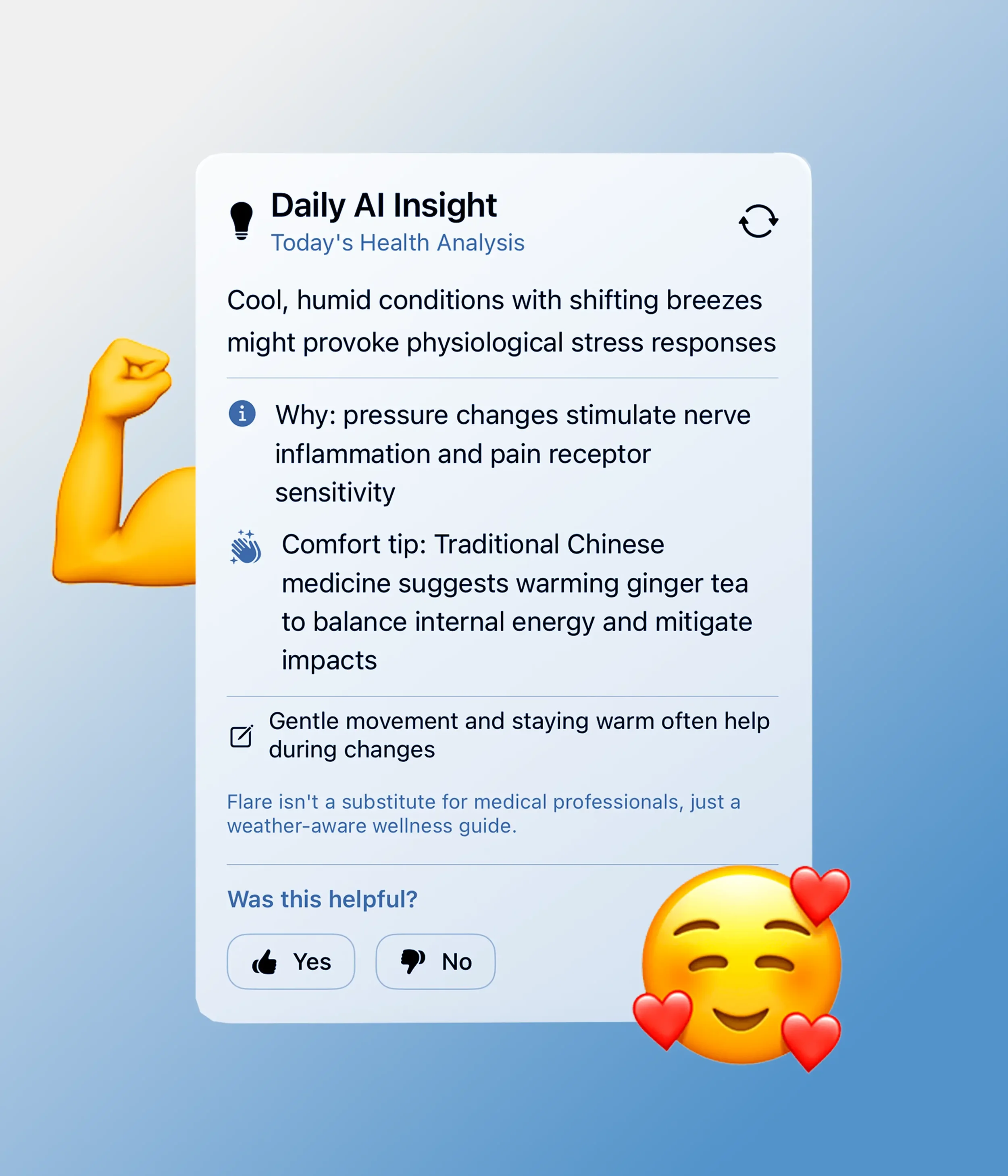 A digital health analysis card titled 'Daily AI Insight' with advice about weather and health, accompanied by an emoji of a smiling face with hearts and a flexed arm emoji.