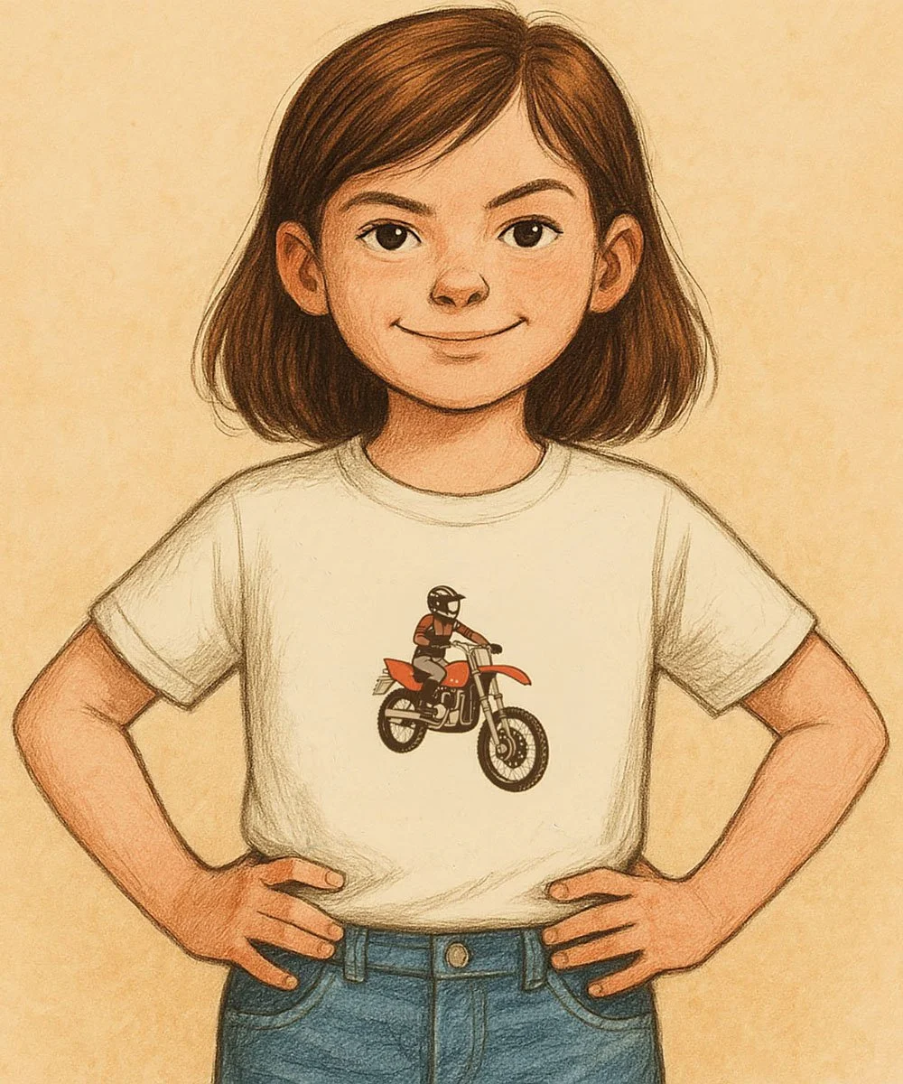 Young girl with brown bob haircut wearing jeans and a white t-shirt with a motorcycle on front. She has her hands on her hips and a determined look on her face.