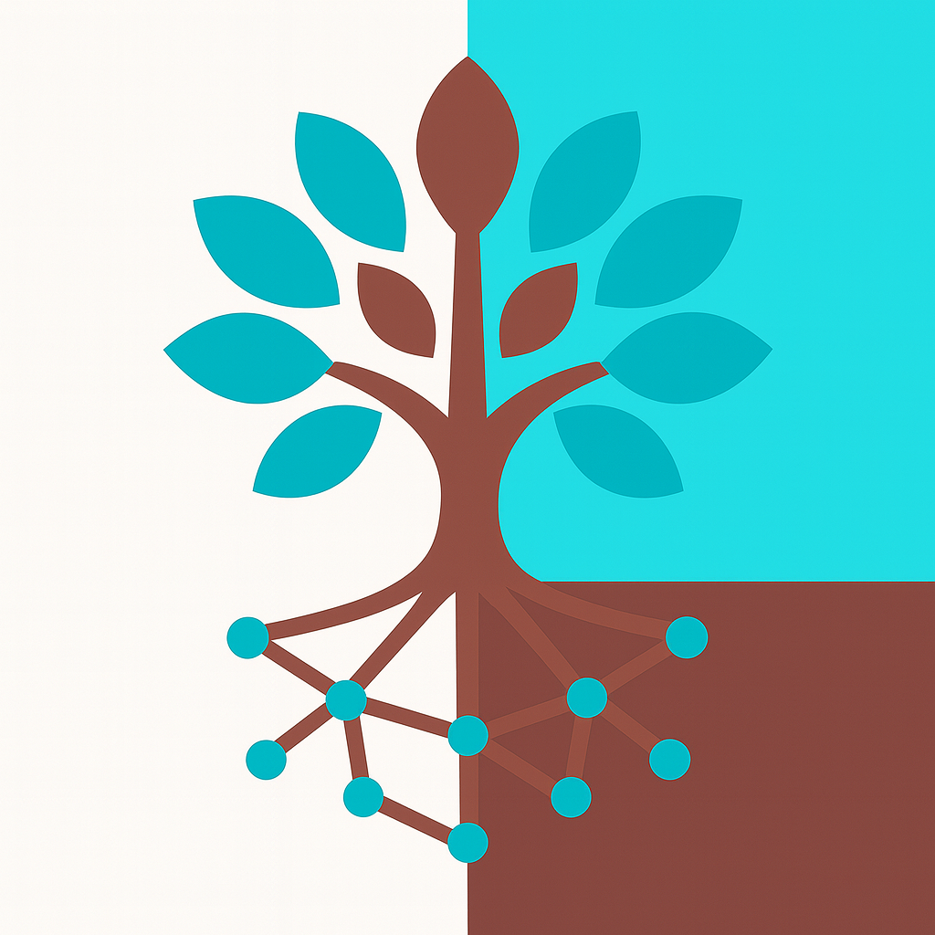 Graphic image of a tree with roots connected like network nodes