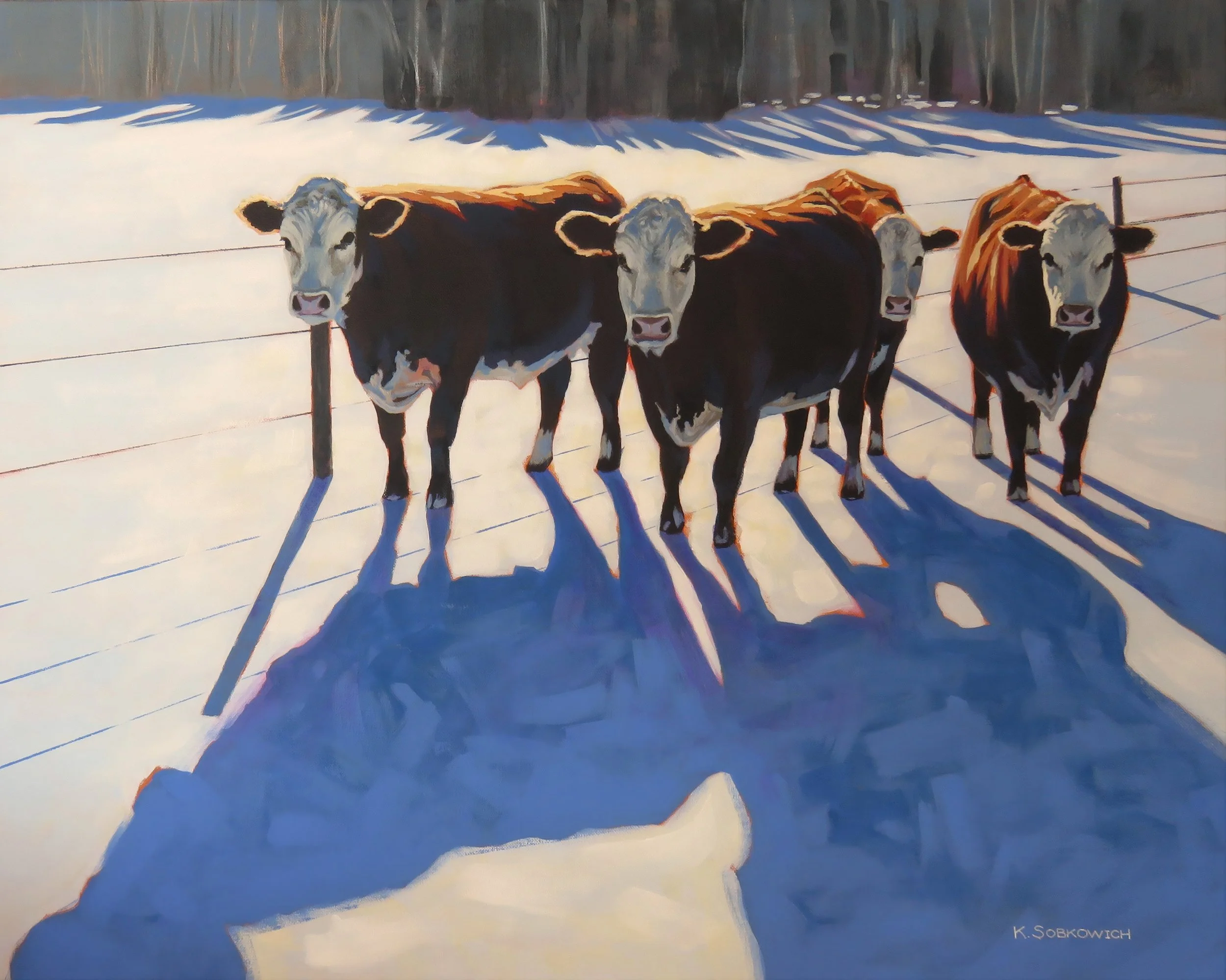 Painting of four cows standing behind a fence on snow-covered ground, casting long shadows in sunlight.