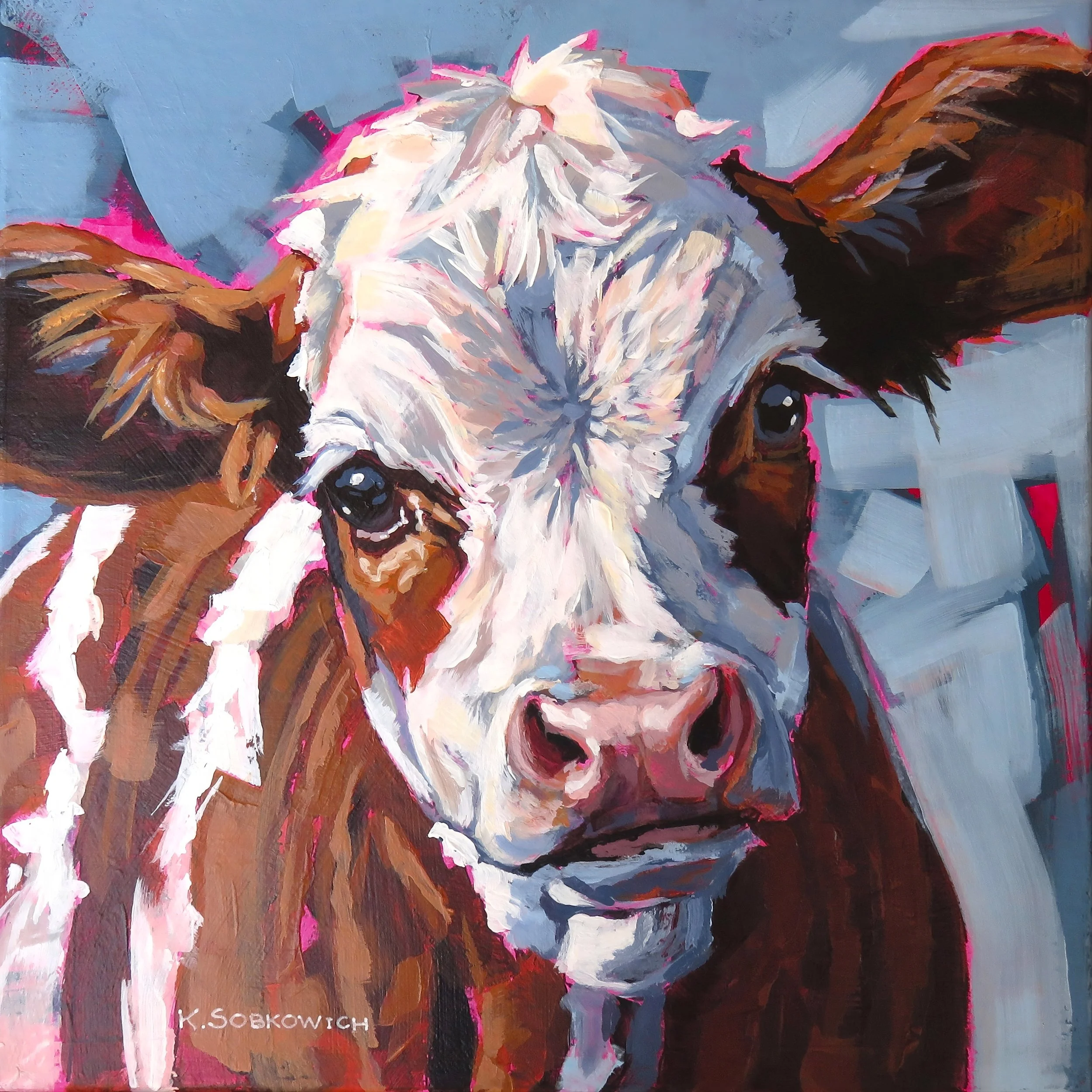 A colorful painting of a calf with large eyes, mostly white with brown and black patches, set against a blue and pink background.