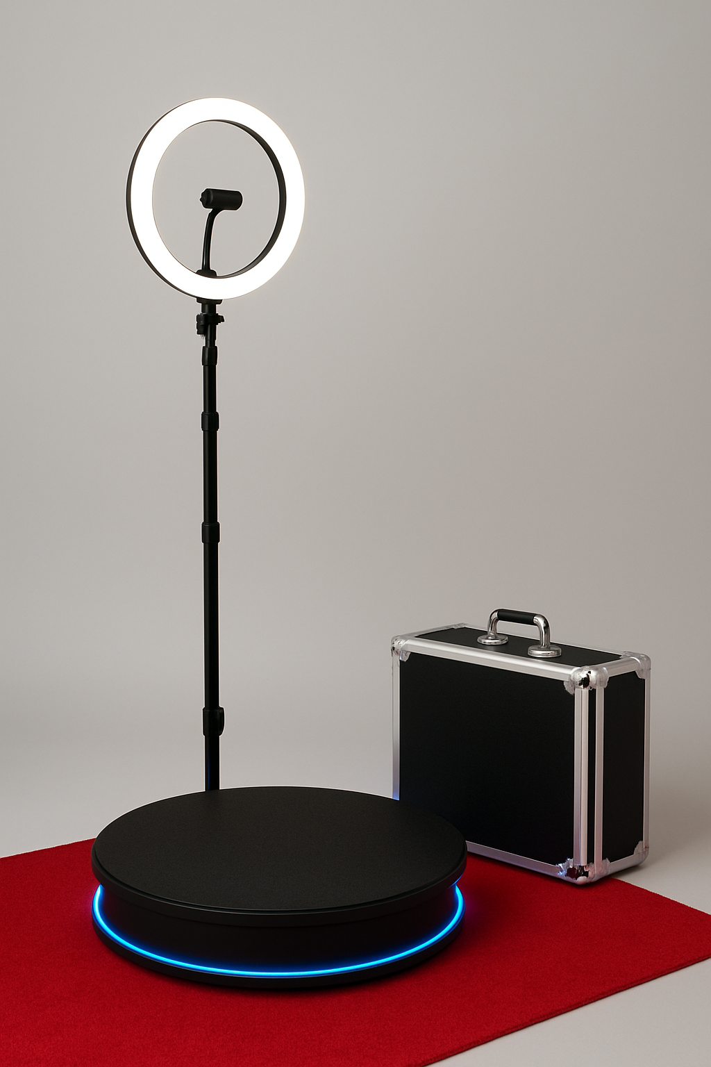 A ring light on a stand, a black platform with blue LED light at its base, a gray case, and a red carpet, all set against a plain gray background.