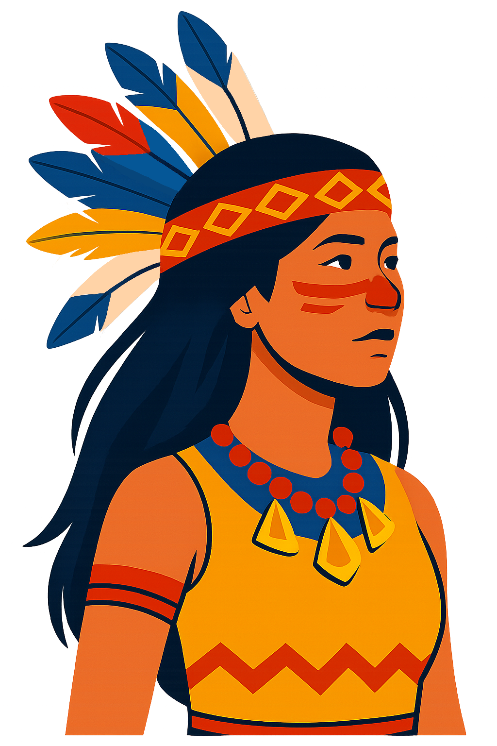 Illustration d'une femme amérindienne portant un collier, un bandeau décoré de motifs géométriques et un vêtement jaune avec des motifs en zigzag.