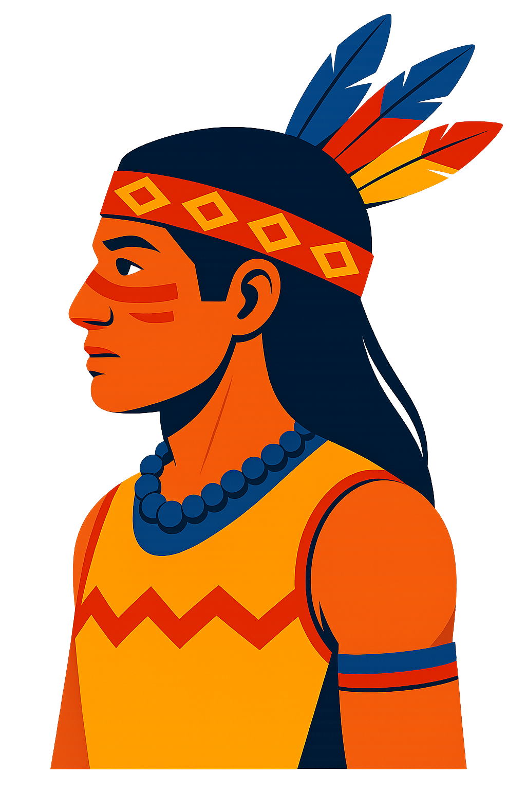 Illustration d'une personne autochtone avec un bandeau, des plumes dans les cheveux, des couleurs chaudes et des motifs traditionnels.