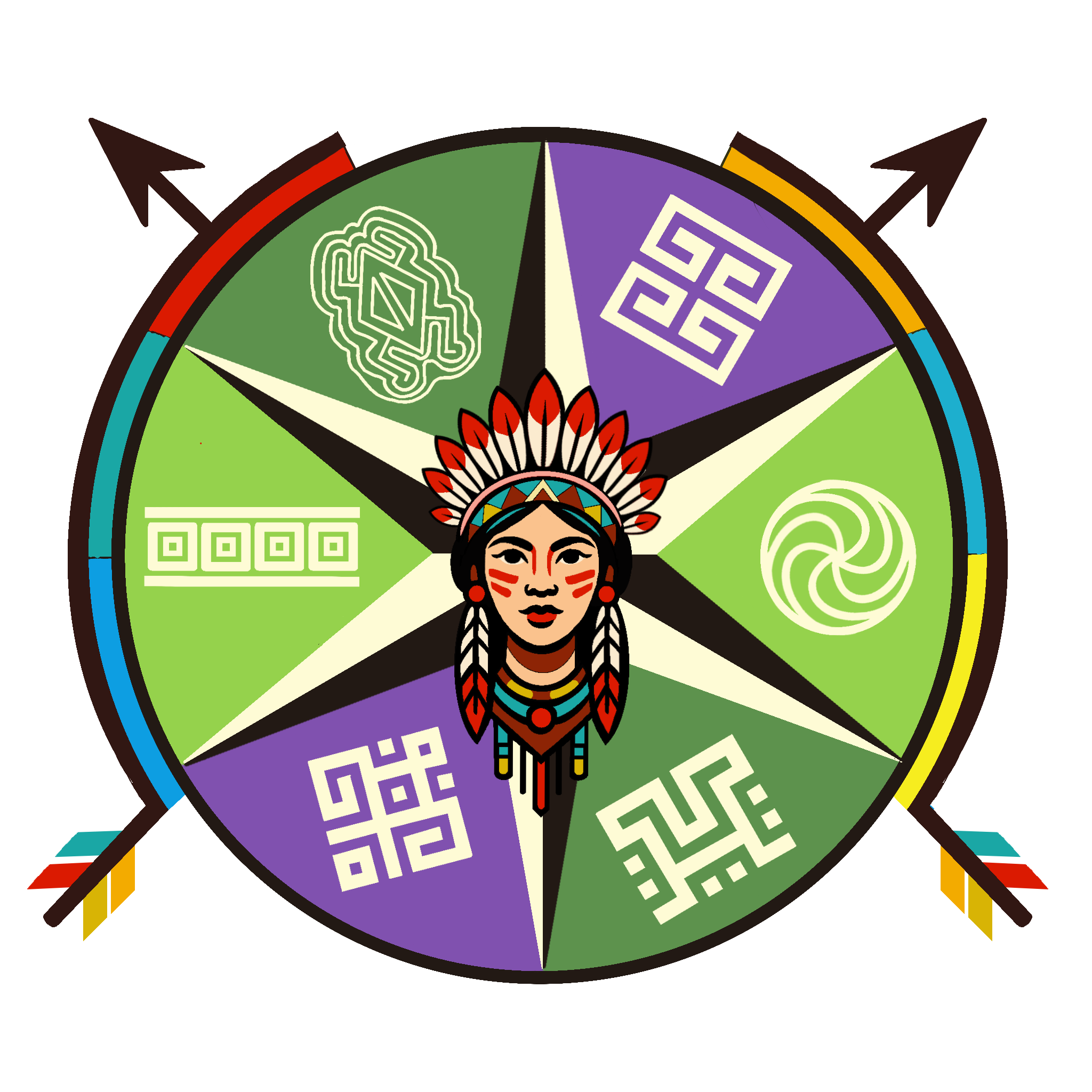 Illustration colorée avec différentes formes géométriques, une figure féminine au centre avec un collier et un maquillage traditionnel. Éléments de motifs ethniques autour.