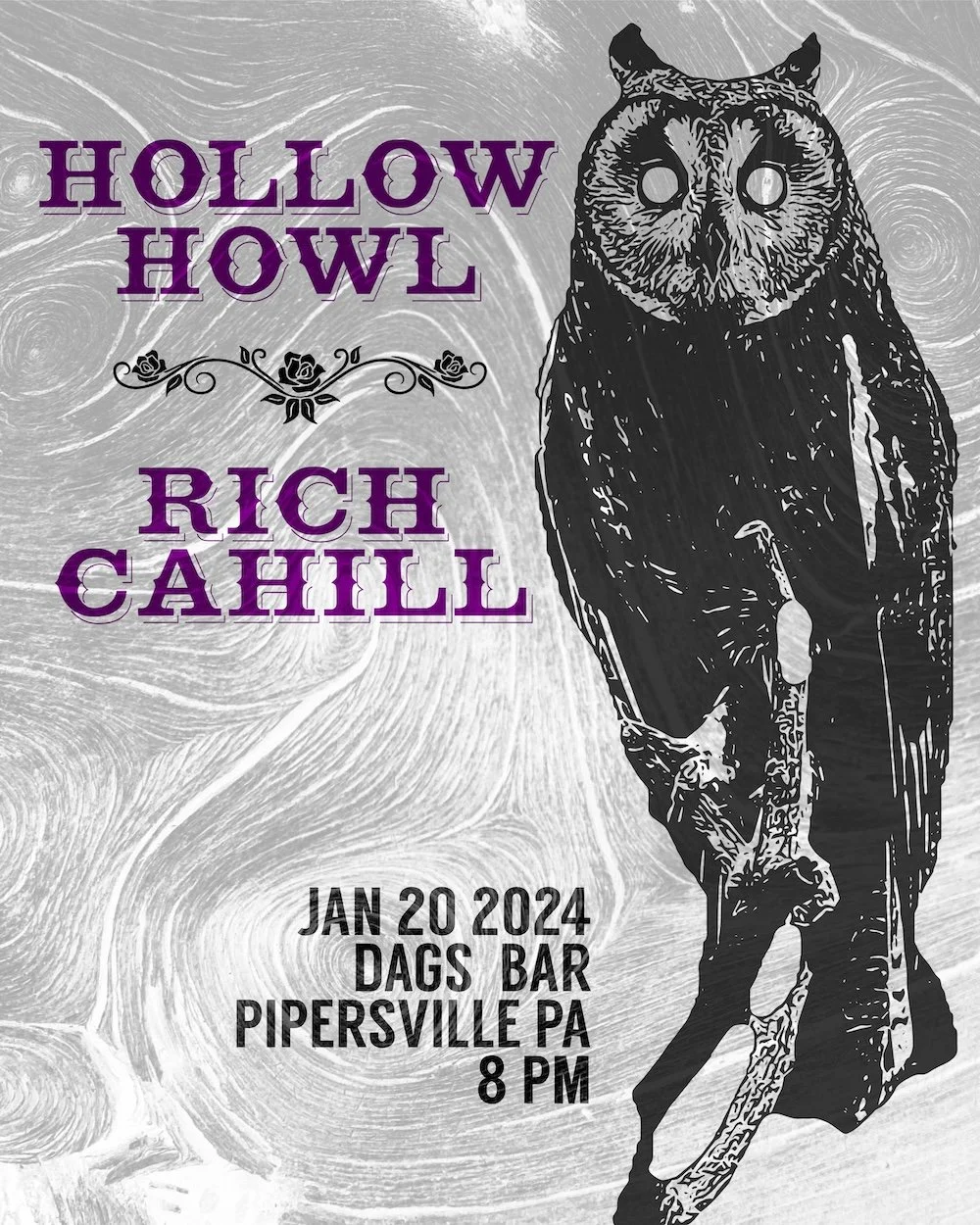 Kate O'Hare presents Hollow Howl at Dag's Bar, Pipersville, PA with Rich Cahill, 2024 / flyer by Jared Rosenbaum