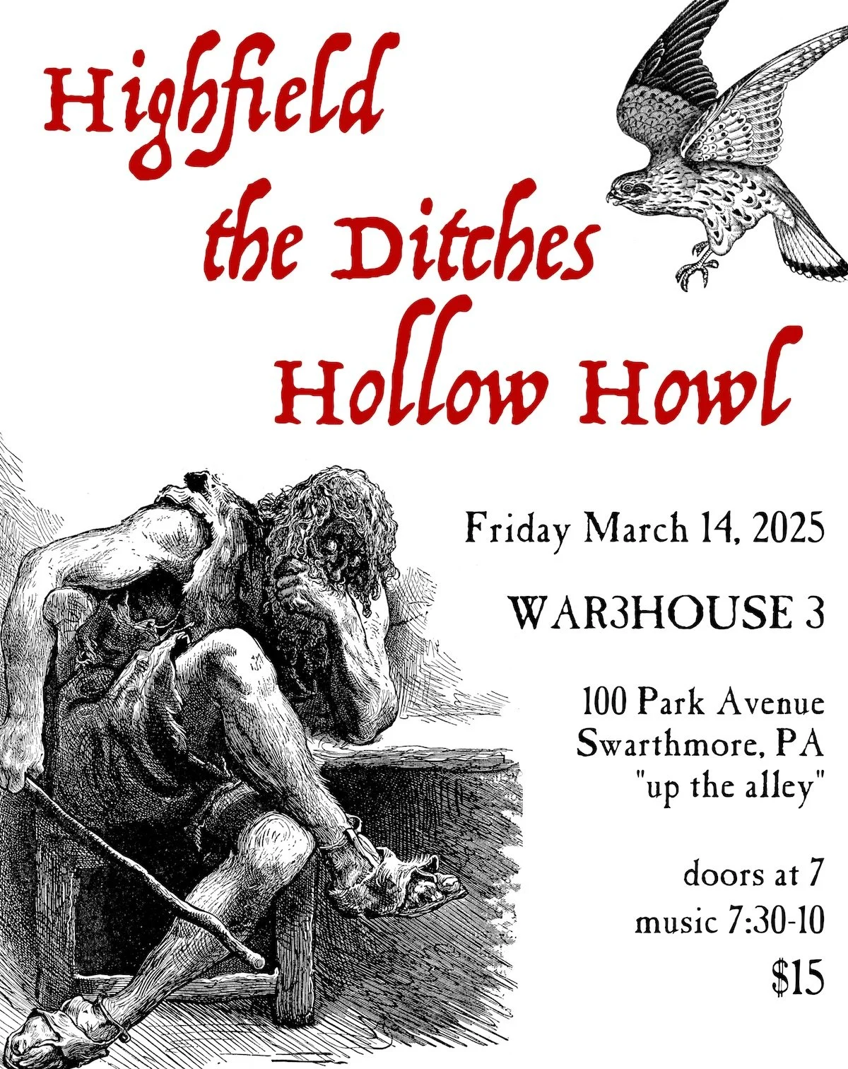 Hollow Howl at War3House3 with The Ditches and Highfield, Swarthmore, PA, 2025 / flyer by Jared Rosenbaum