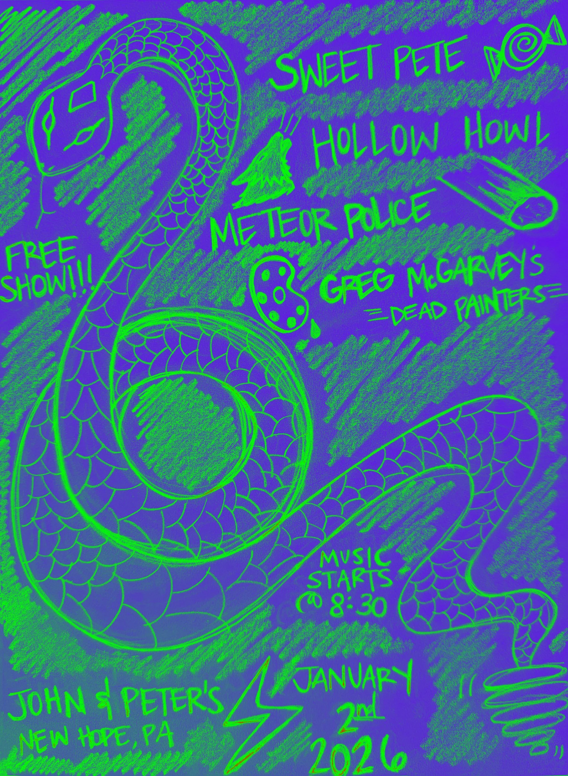 Hollow Howl at John & Peter's with Sweet Pete, Meteor Police, and Greg McGarvey's Dead Painters, New Hope, PA / flyer by Allyssa Leigh
