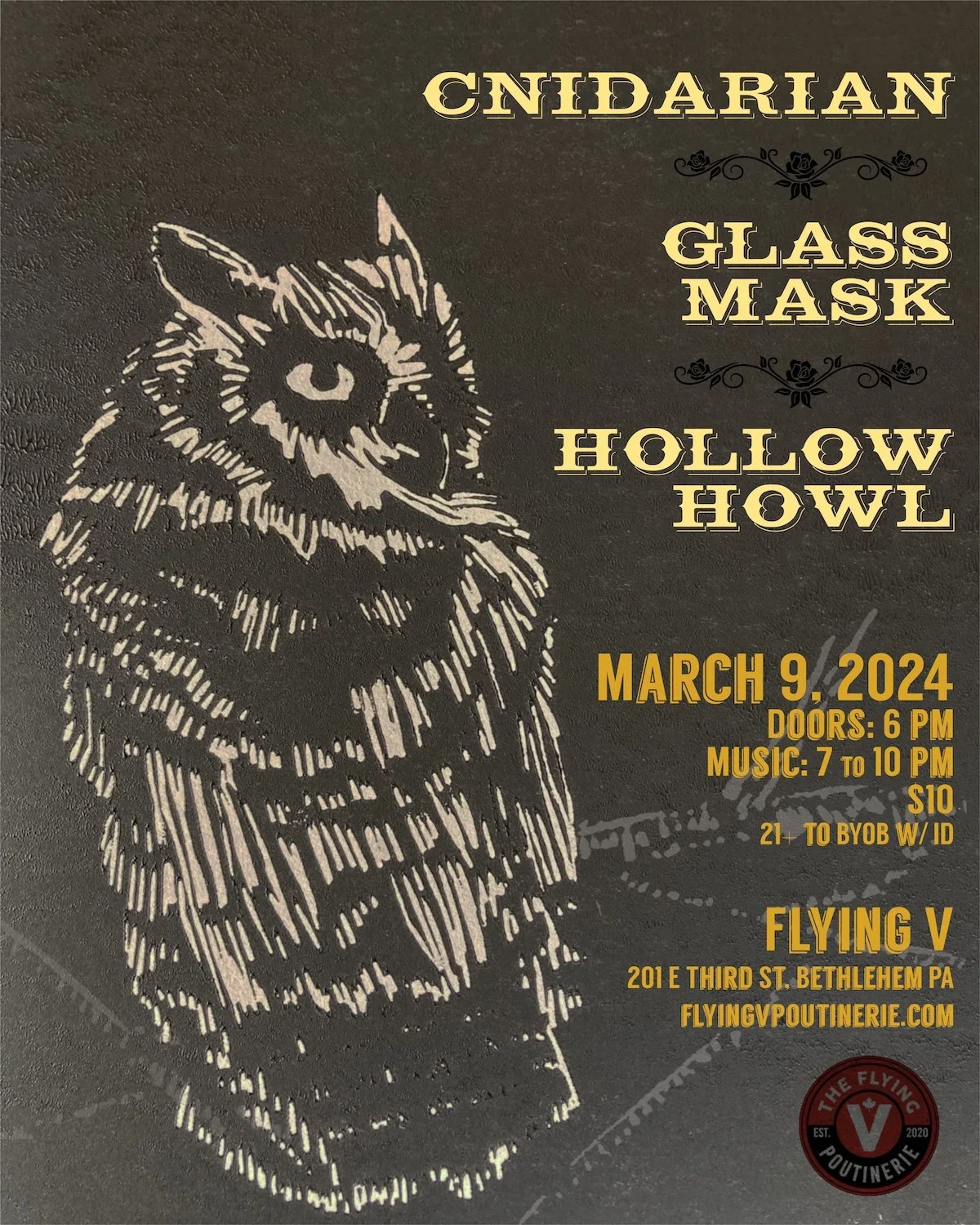 Hollow Howl at the Flying V, Bethlehem, PA with Cnidarian and Glass Mask, 2024 / flyer by Jared Rosenbaum