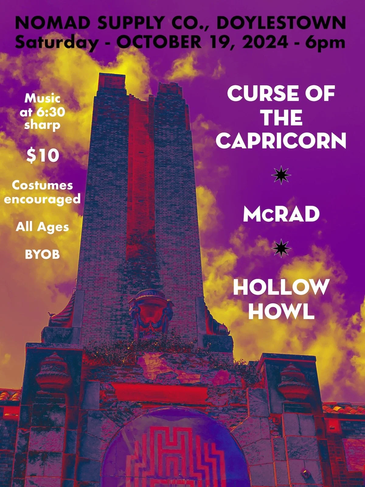 Hollow Howl with McRad and Curse of the Capricorn at Nomad Supply, Doylestown, PA, 2024, flyer by Jared Rosenbaum