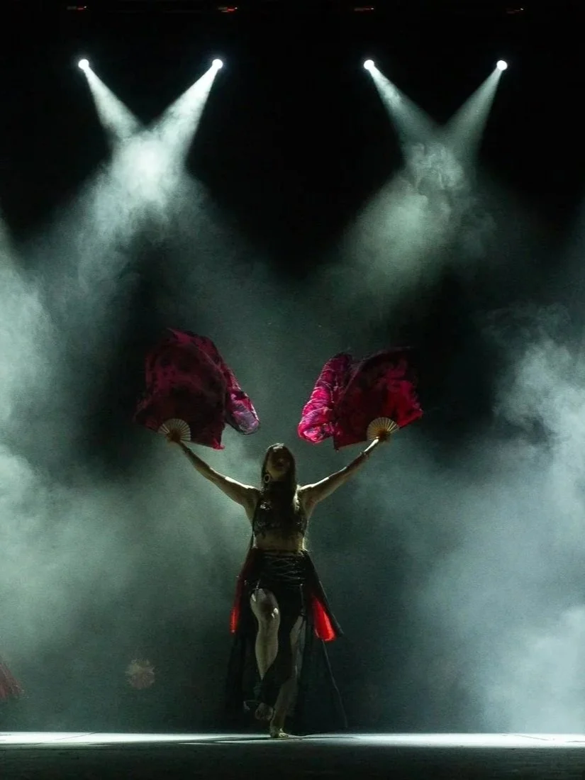 A performer on stage holding two pink fans, wearing a black outfit with red fabric, under dramatic stage lighting with smoke effects.
