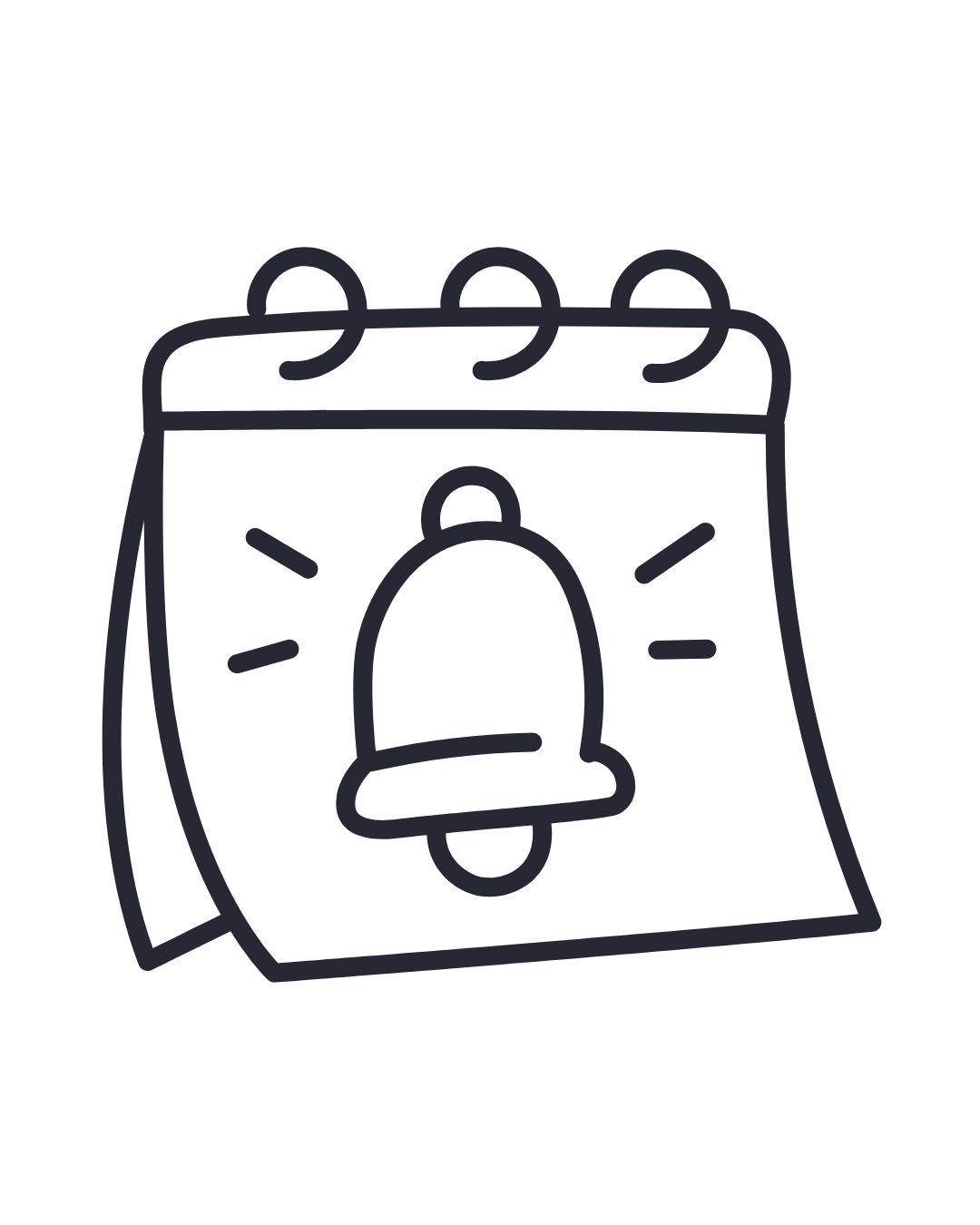 Outline drawing of a calendar with a ringing alarm bell in the center.