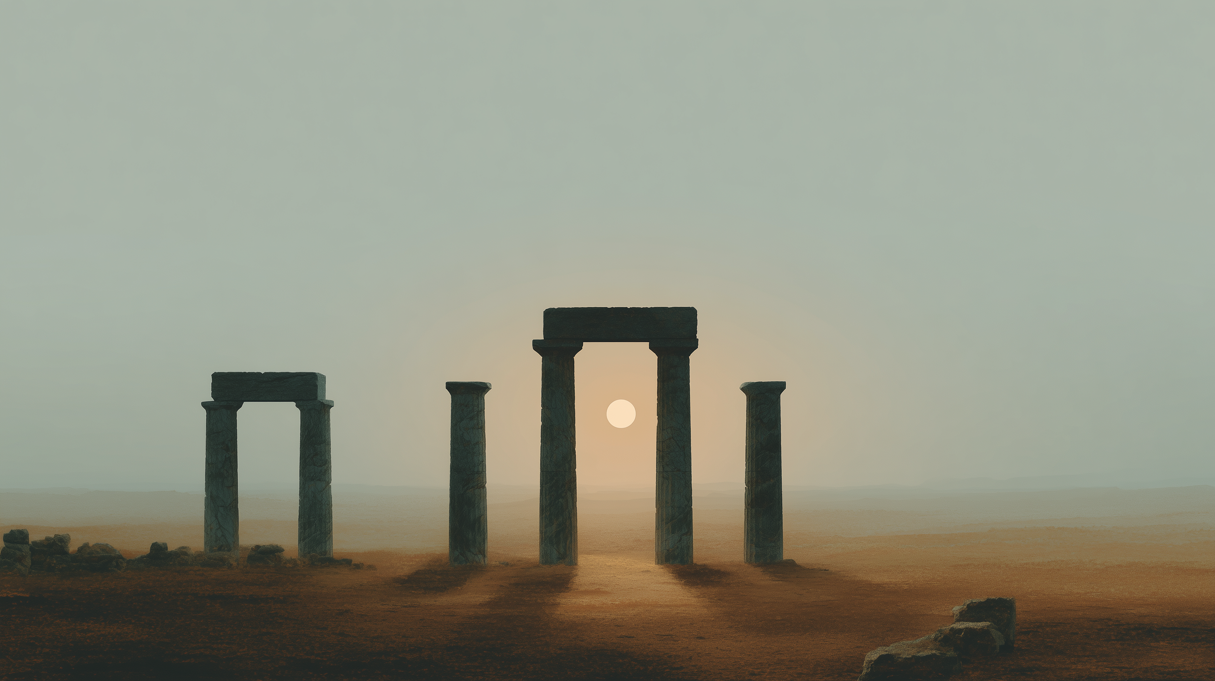 Ancient stone ruins with three standing columns and a rectangular lintel, set against a desert landscape with a hazy sky and the sun low on the horizon.