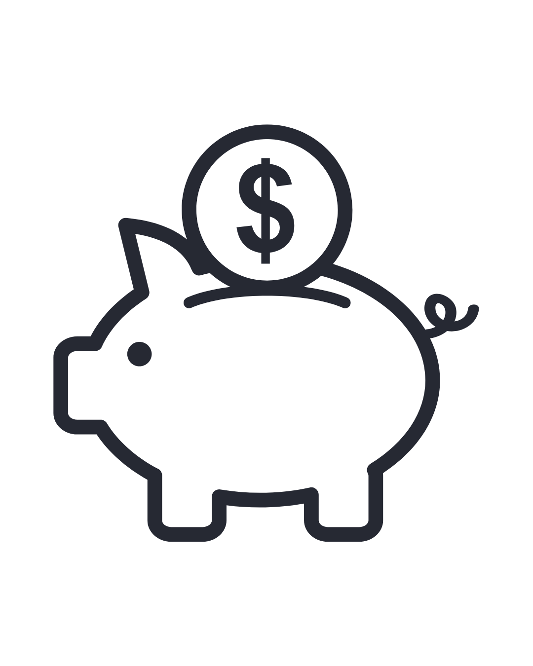 Outline of a piggy bank with a coin above it showing a dollar sign.