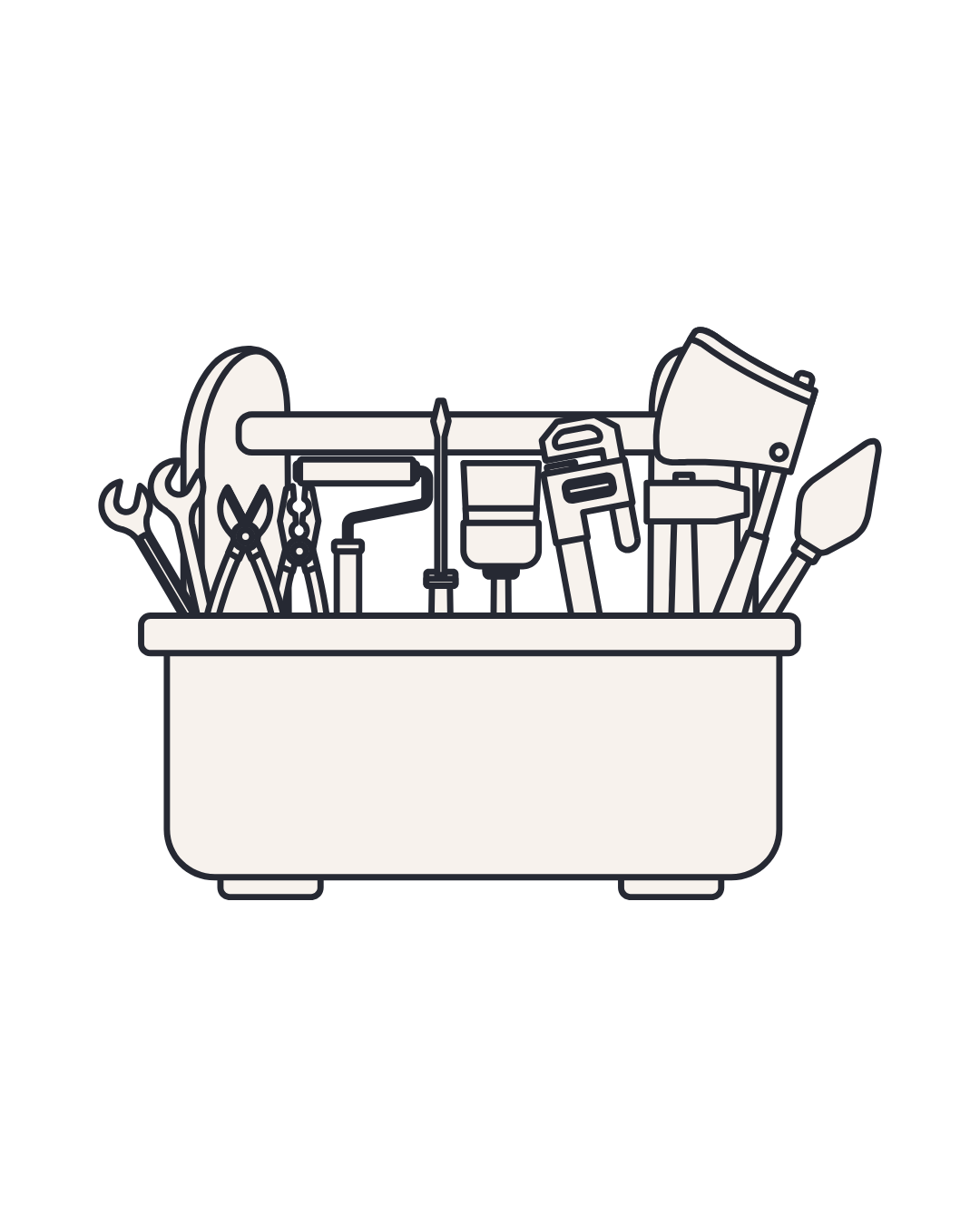 Outline illustration of a toolbox filled with various hand tools including a wrench, scissors, screwdriver, hammer, and trowel.
