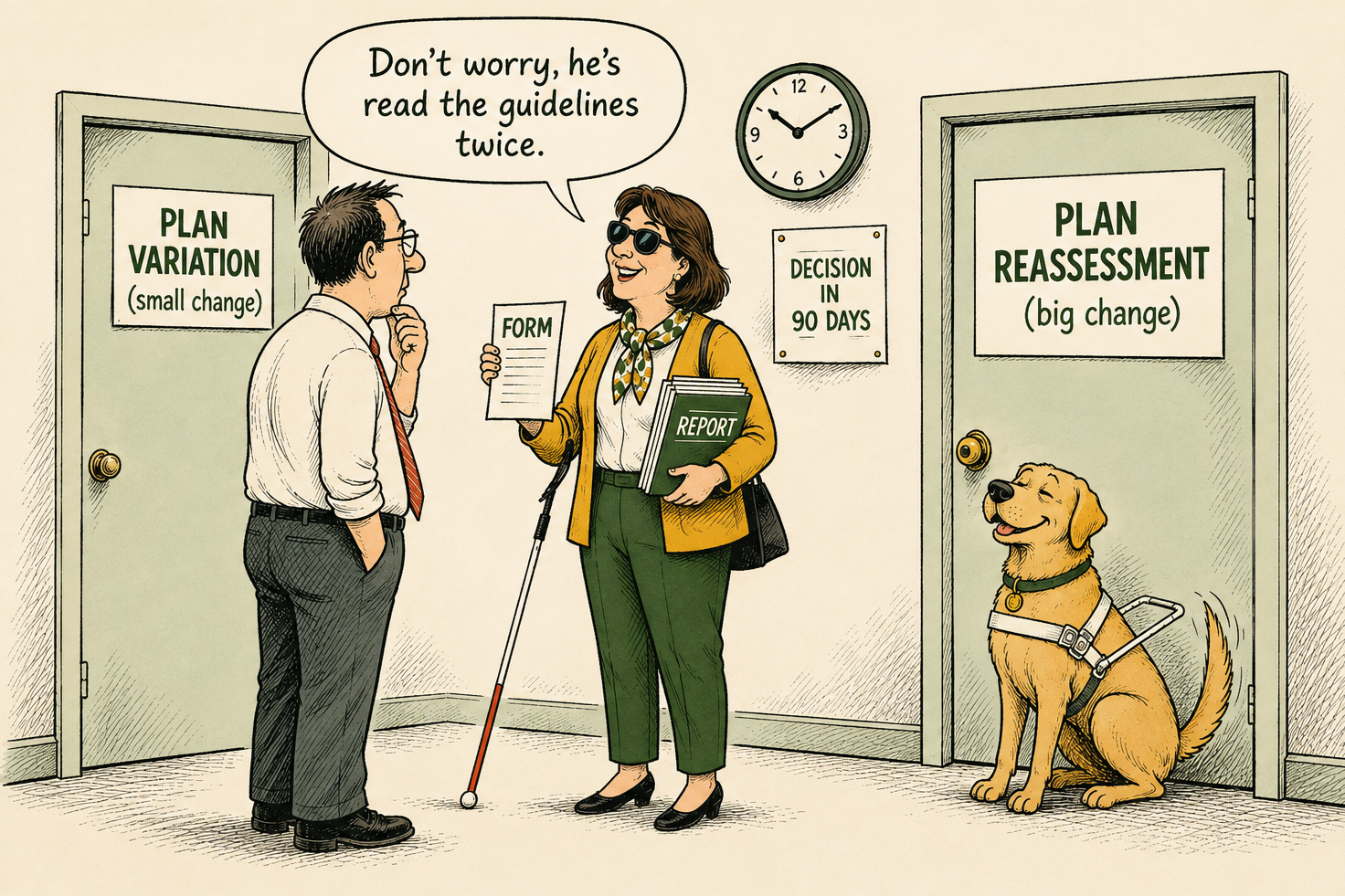 Cartoon of a woman with a guide dog choosing between a plan variation door and a plan reassessment door
