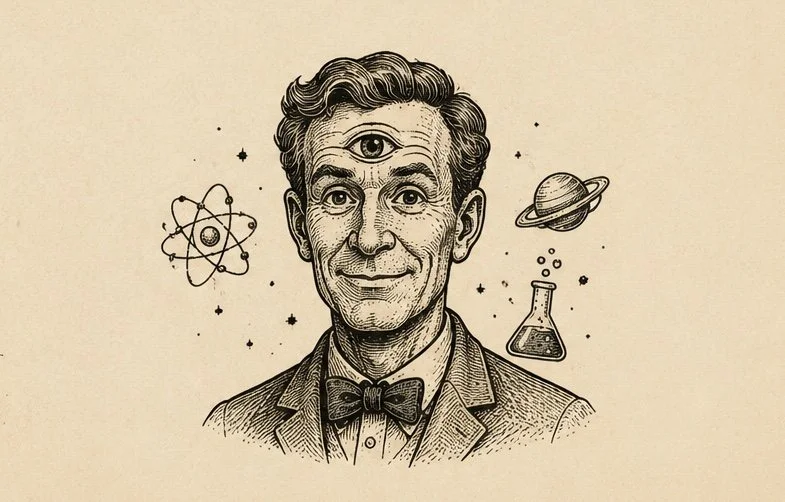 Bill Nye the Science Guy with a third eye on his forehead, beaker and plant to his left 