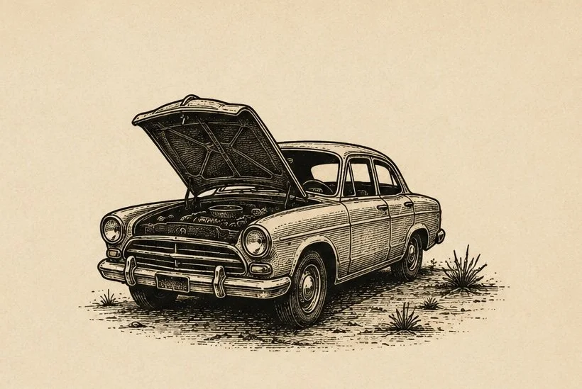 Old car with the hood up 