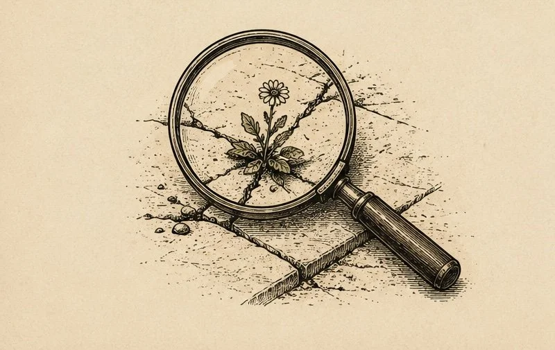 Magnifying glass focusing on flower growing between sidewalk crack