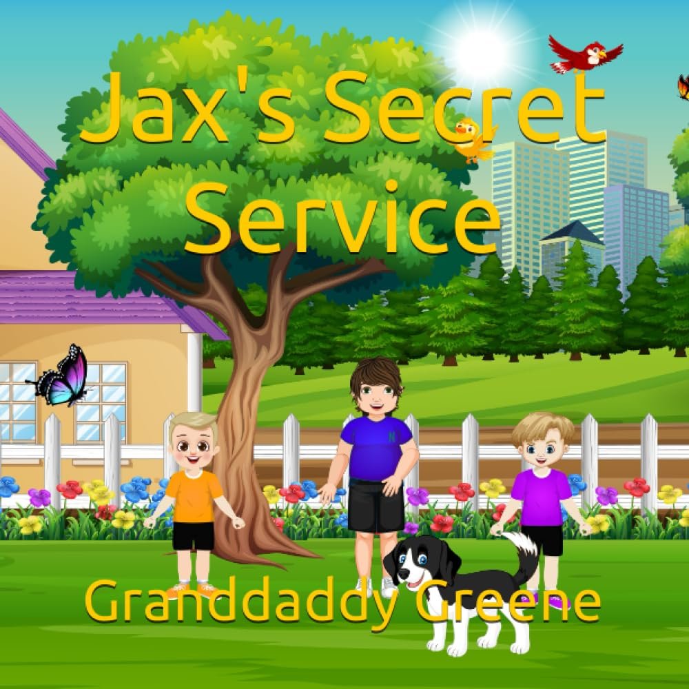 Colorful cartoon illustration of three children, a dog, and a large tree in a park with city buildings in the background. The text reads 'Jax's Secret Service' and 'Granddaddy Greene'.
