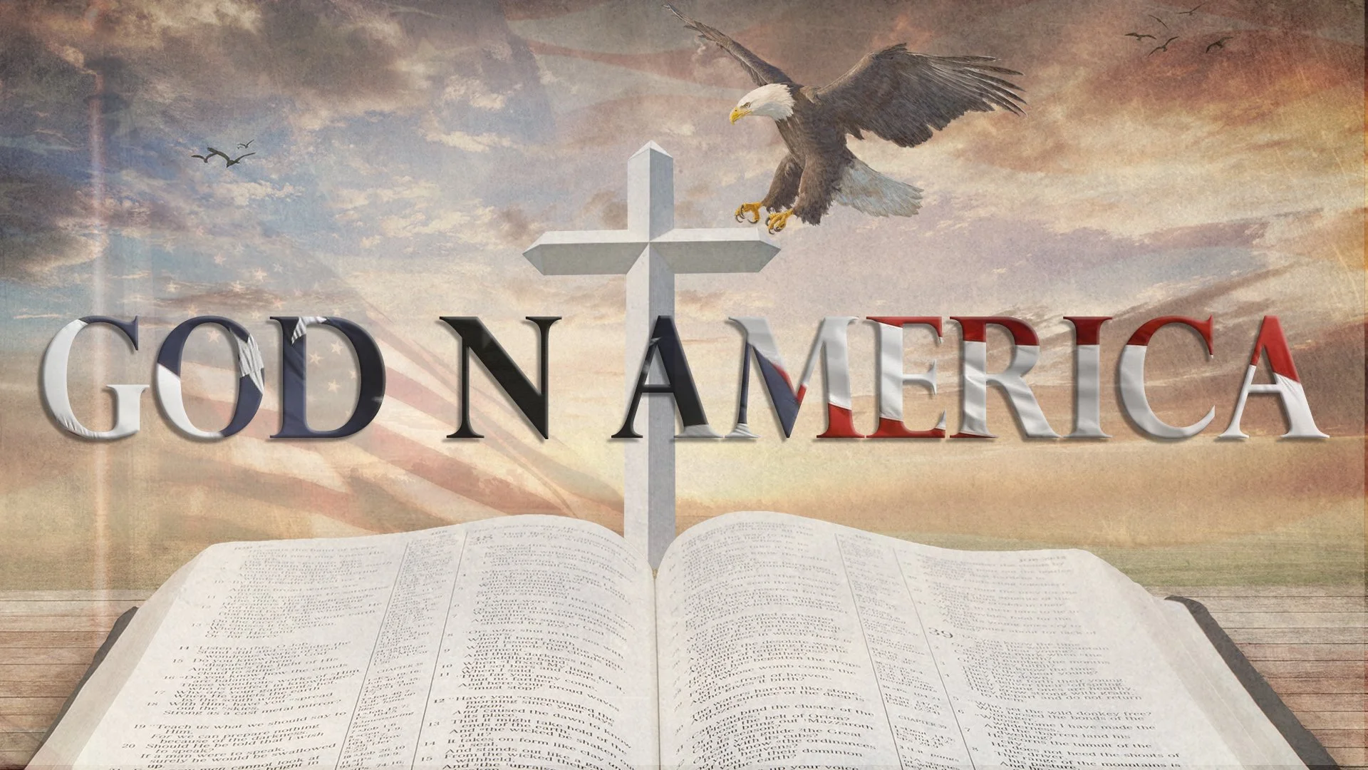 An open Bible on a wooden surface with a white cross and eagle in the background. The text 'God N America' is superimposed over the scene.