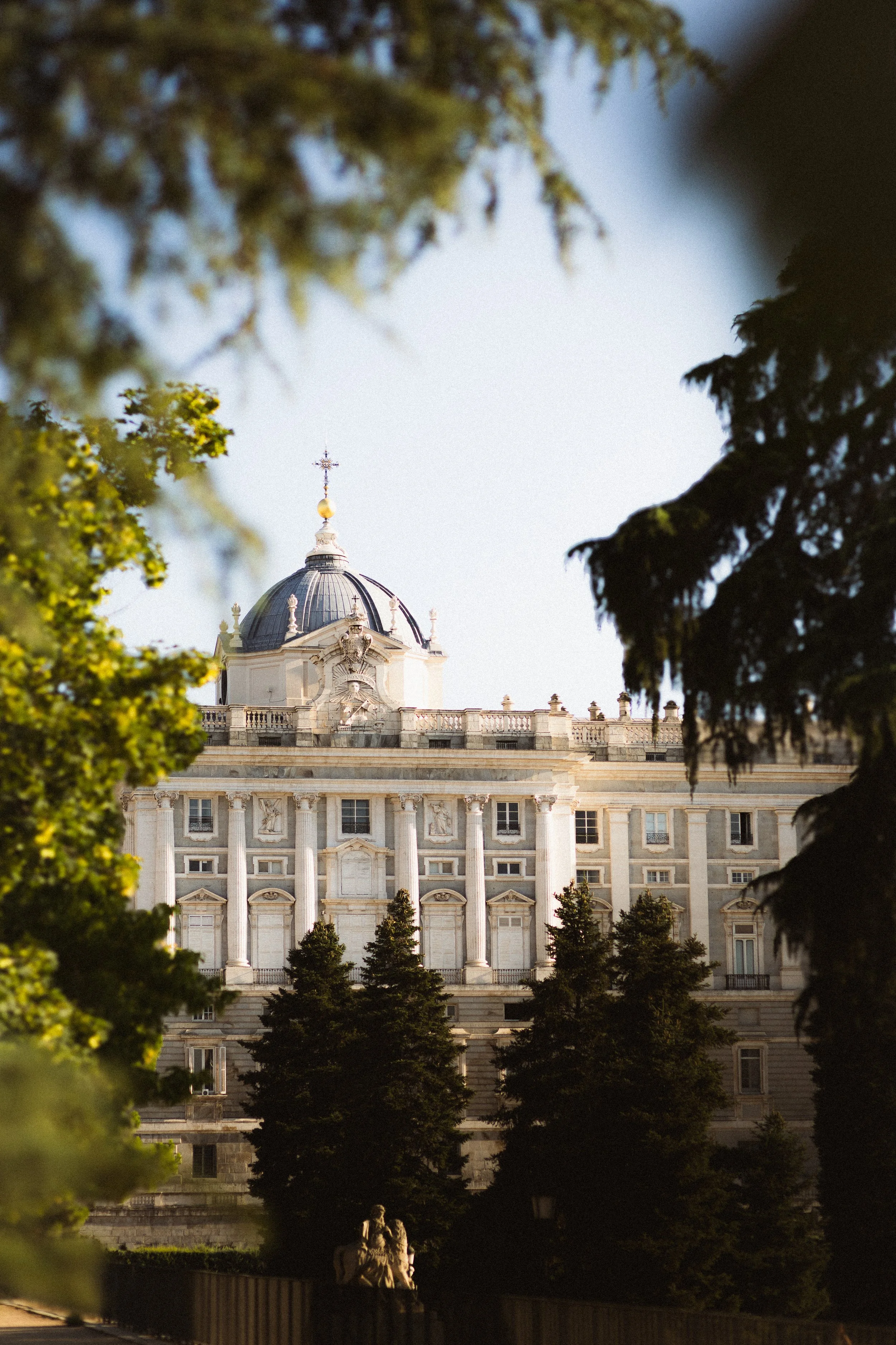 View of a historic building with a dome and ornate architecture, framed by trees in the foreground.