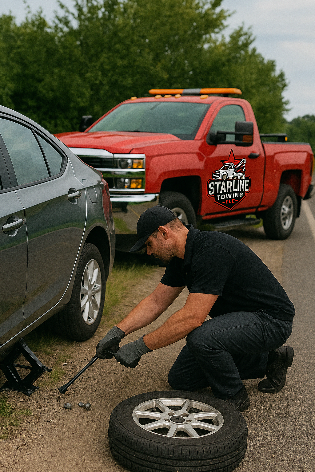 Starline Towing in Oakland, Ca doing a tire change