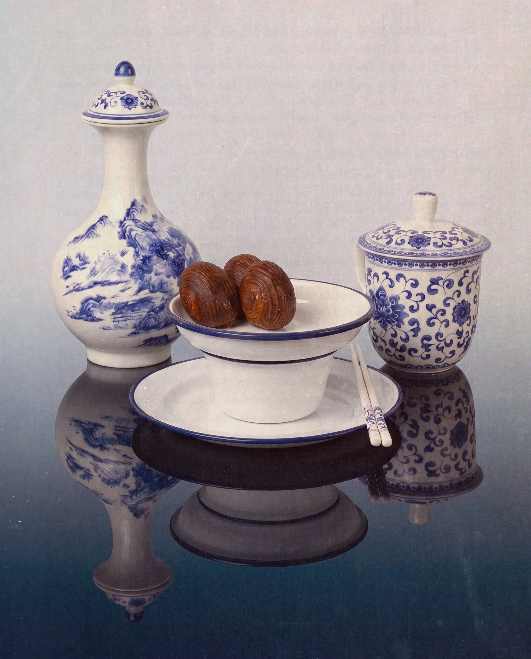 Social Goods brand styling — blue and white porcelain vases with pastries, Modern Bakery editorial.