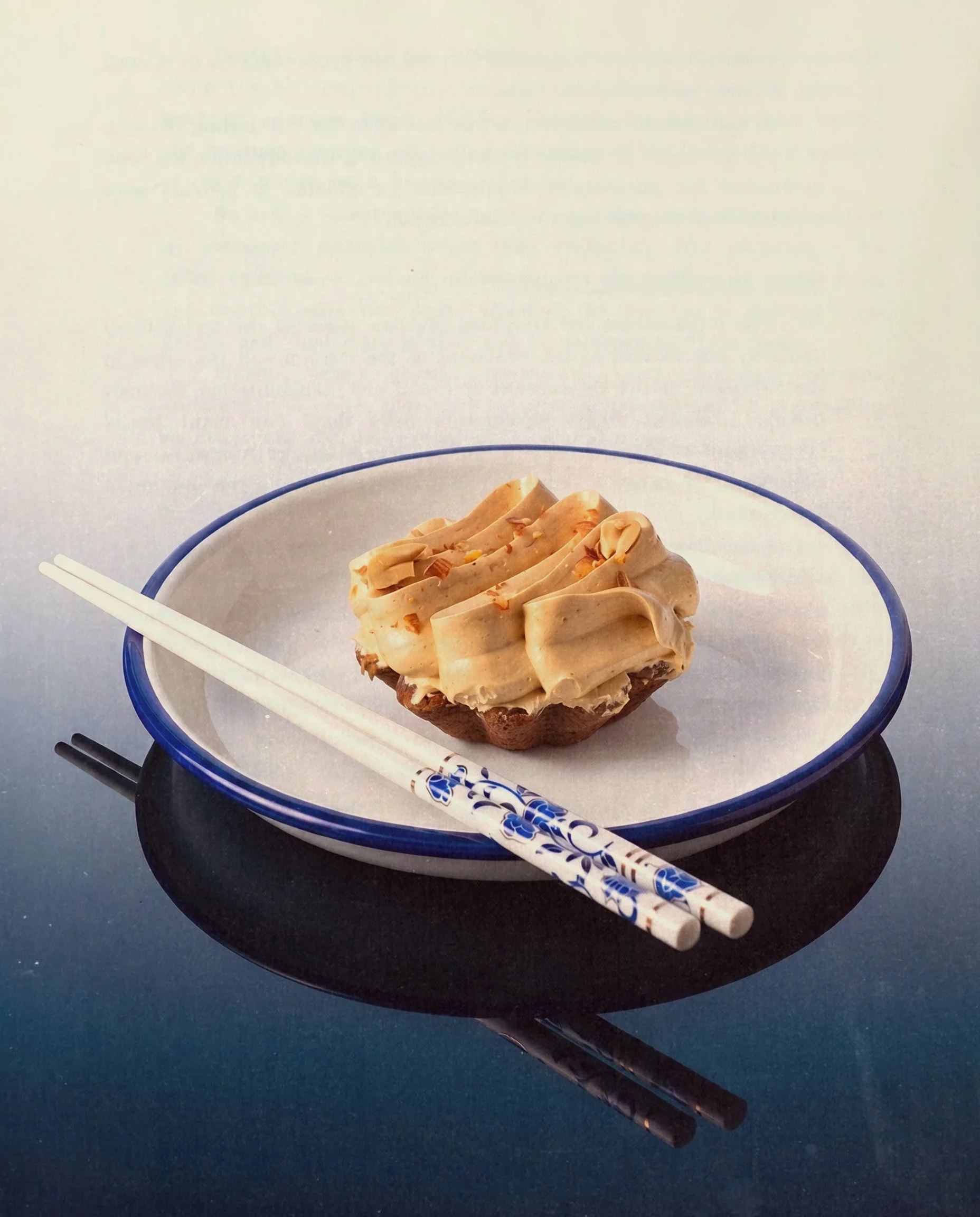 Peanut Butter Condensed Milk Tart on blue-rimmed porcelain — Social Goods Modern Bakery editorial.
