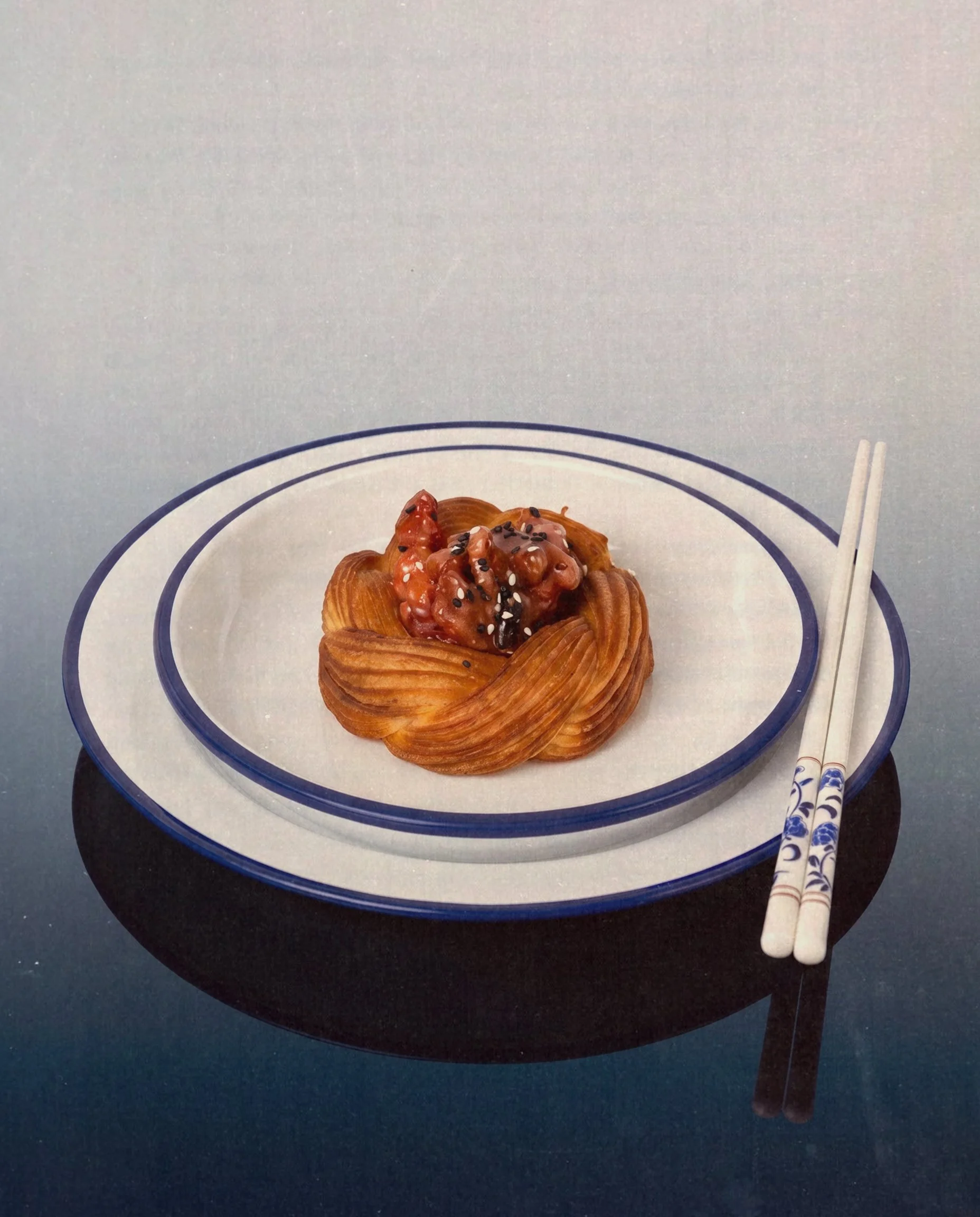 Char Siu Danish styled on porcelain with chopsticks — Social Goods Modern Bakery editorial.