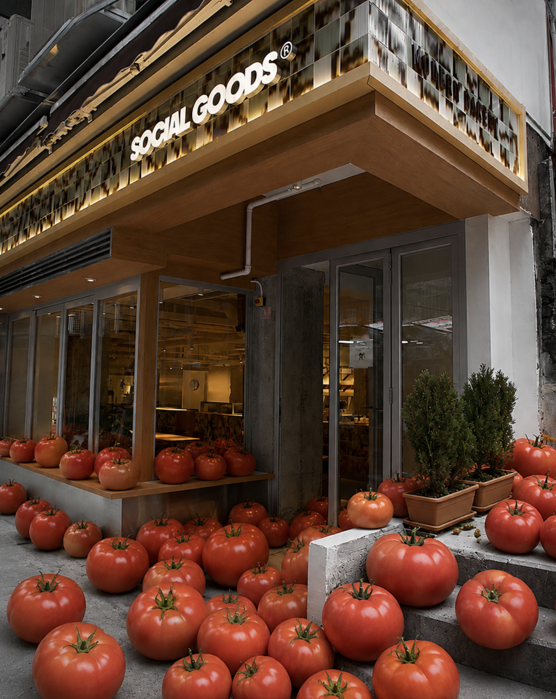 Social Goods Modern Bakery storefront on Wellington Street, Central Hong Kong, with red tomato sculpture display.